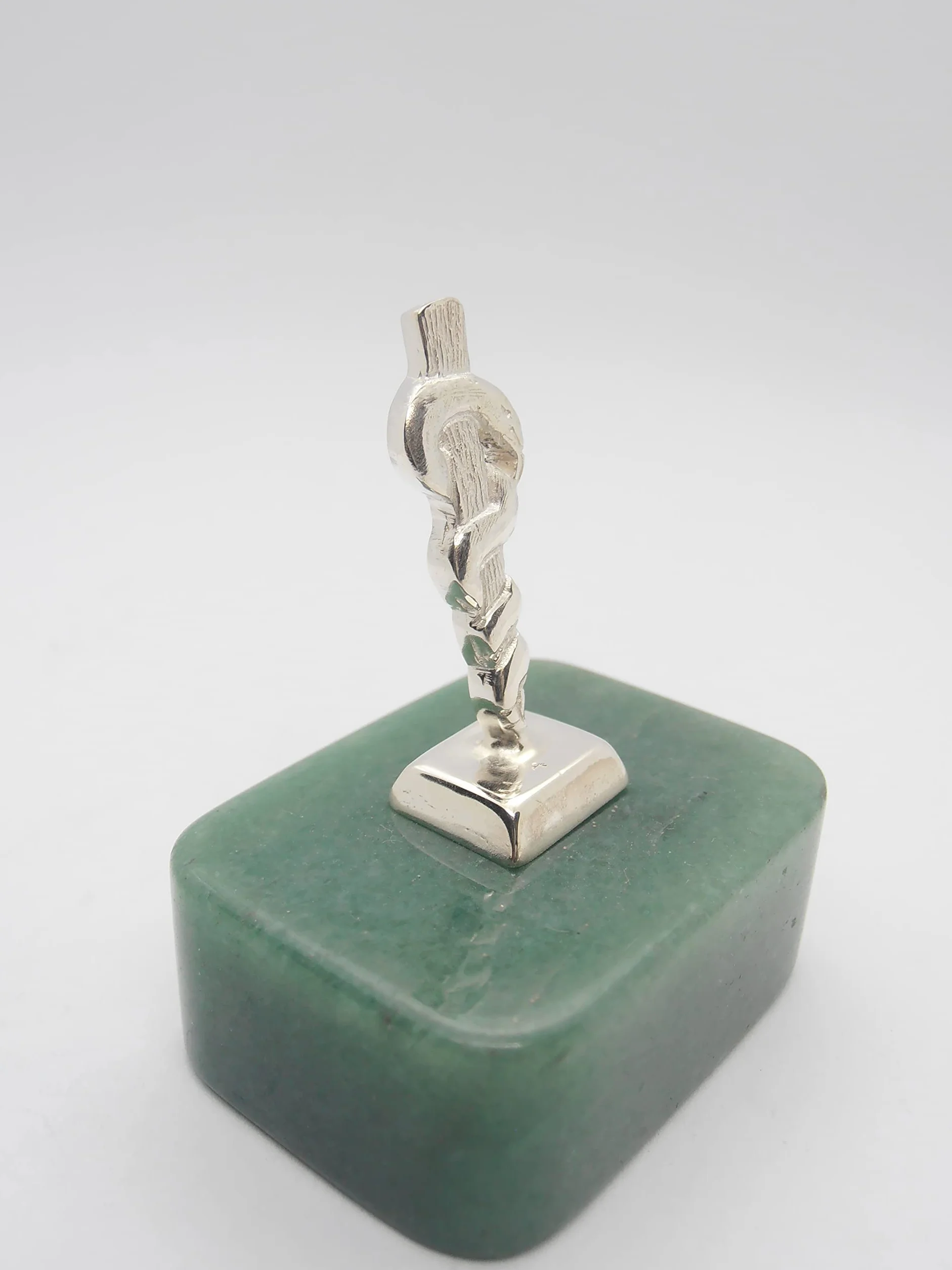 Bastone di Esculapio Simbolo di Asclepio Argento 925 Avventurina Naturale Verde Fermacarte Soprammobile