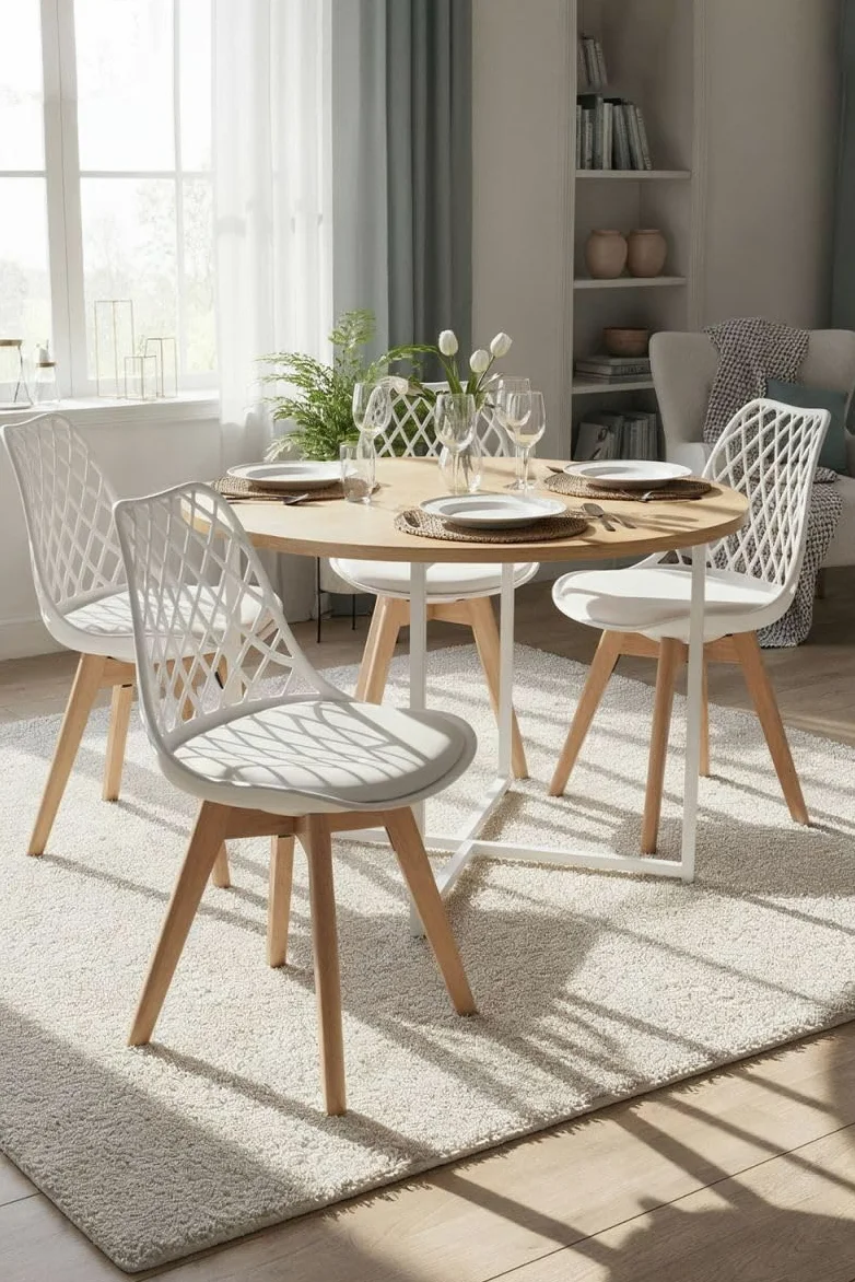 Regalos Miguel Set di 4 sedie Mima bianche, per sala da pranzo e cucina, stile nordico, struttura in polipropilene, seduta imbottita in similpelle e gambe in legno di faggio