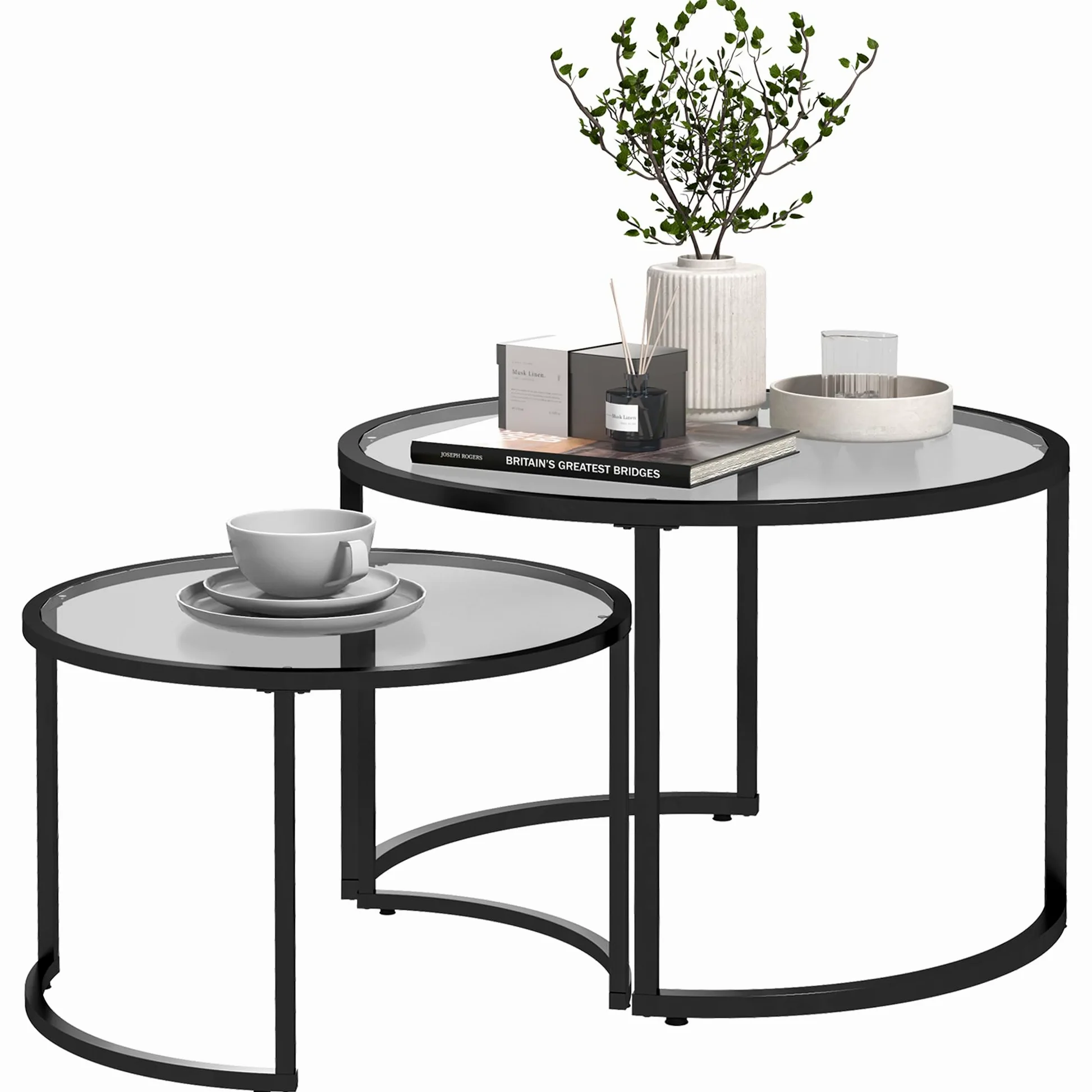 HOMCOM Set di 2 Tavolini da Caffè Impilabili Ø70x47.5cm e Ø54x42.5cm Nero | Sovrapponibili, Tavolini Bassi Rotondi da Salotto, Vetro Temperato e Acciaio, per Soggiorno Camera e Ufficio