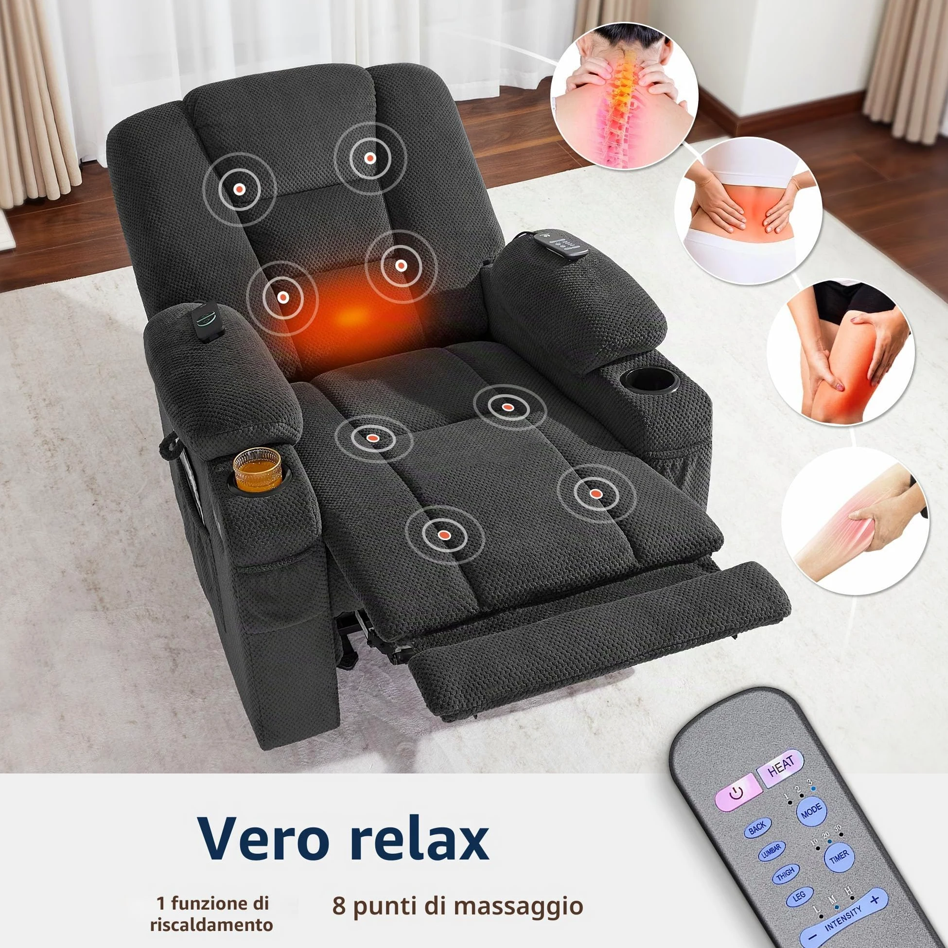 MCombo M Poltrona TV Regolabile elettricamente, poltrona reclinabile con funzione di reclinazione, poltrona TV con funzione Massaggio e Calore, USB e portabicchieri, Tessuto,7008 (grigio scuro)