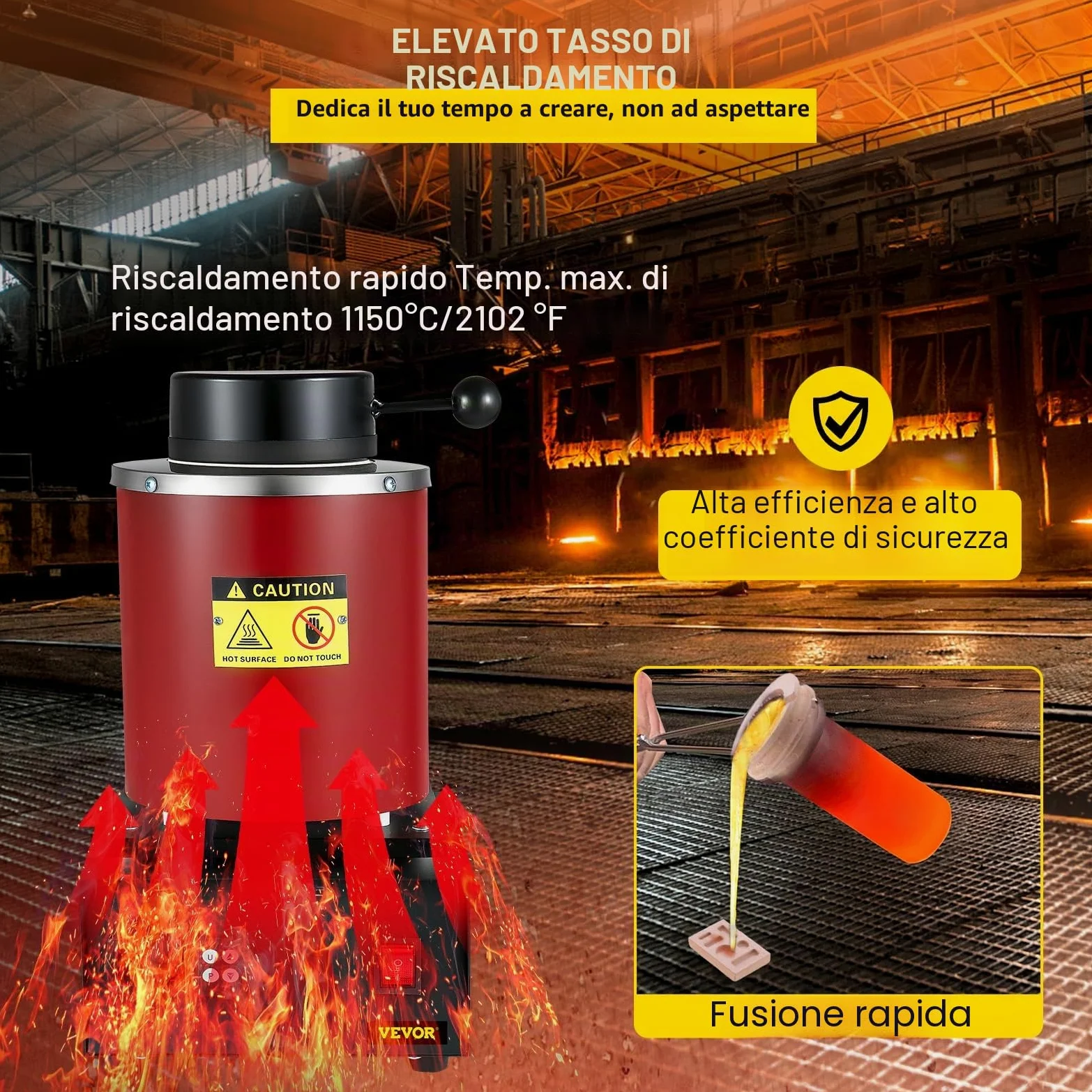 VEVOR Forno di Fusione per Oro 1350 W, Temperatura Max. 1150 ℃, Forno Fusorio Elettrico con Crogiolo in Ceramica da 3 kg, Matrice per Lingotti e Guanti, per Lavorazione di Oro, Argento