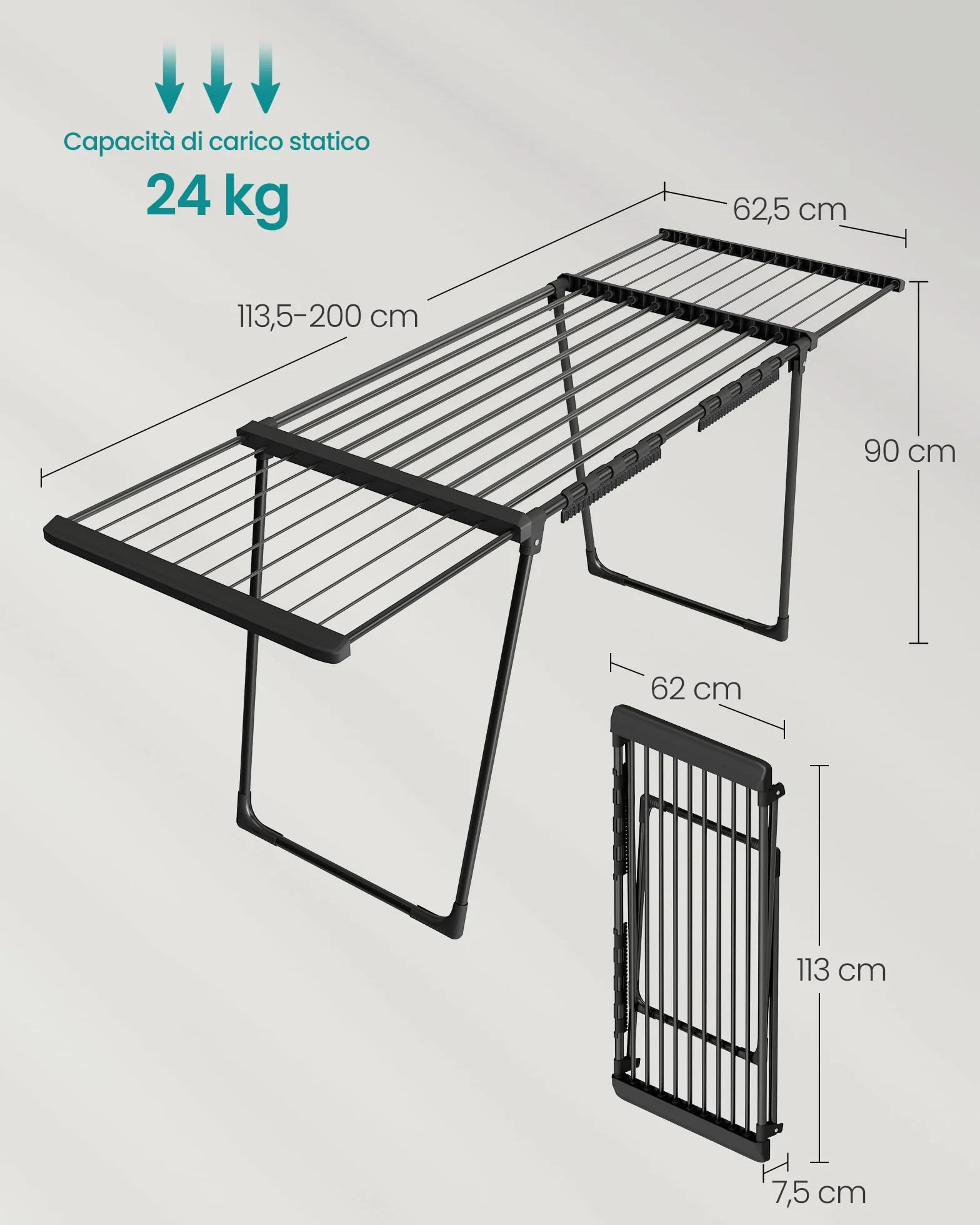 SONGMICS Stendibiancheria Pieghevole 22 m, Ali Estensibili, Porta Calzini, Nero Inchiostro