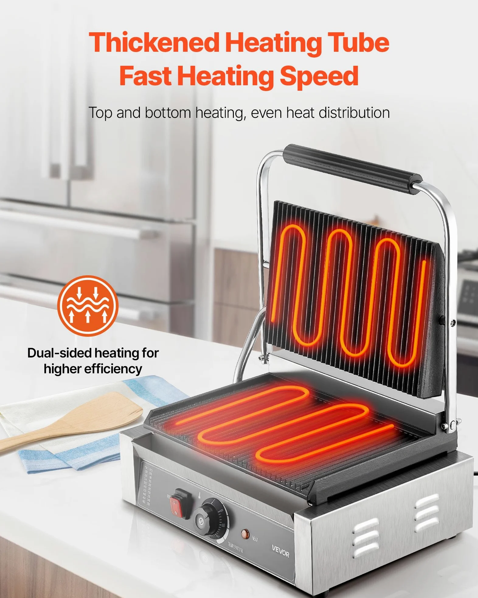 VEVOR Piastra Elettrica per Panini Professionale, 2200 W, in Acciaio Inox con Maniglia e Controllo della Temperatura, Piastra Smaltata Scanalata Completa da 34 x 23 cm, per Bistecche, Pancetta