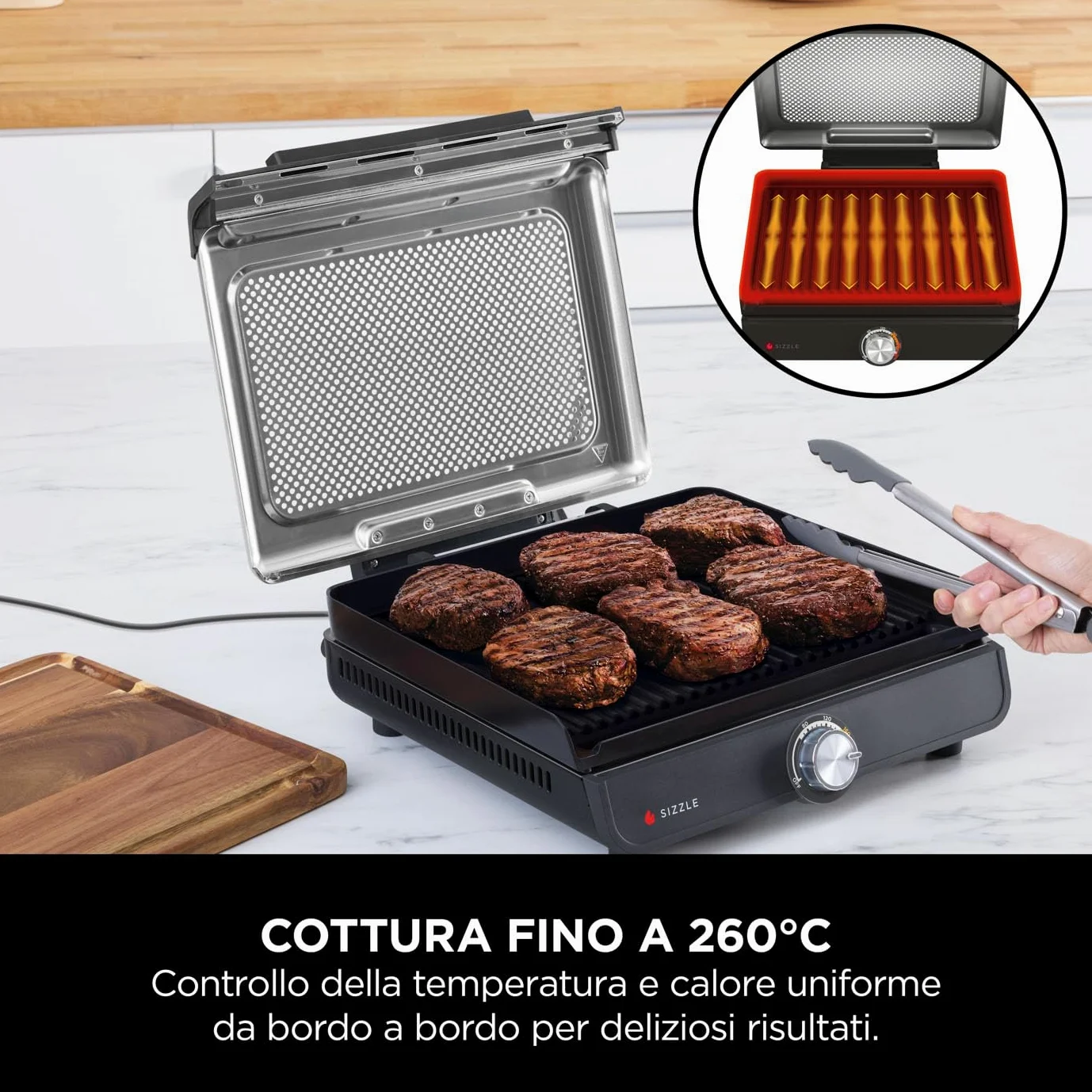 Ninja Sizzle Griglia Elettrica e Piastra Antiaderente per Interni, Coperchio Rimovibile Lavabile in Lavastoviglie, Vaschetta Raccogli Grasso, Manopola per Temperatura e Ricettario, Grigio GR101EU