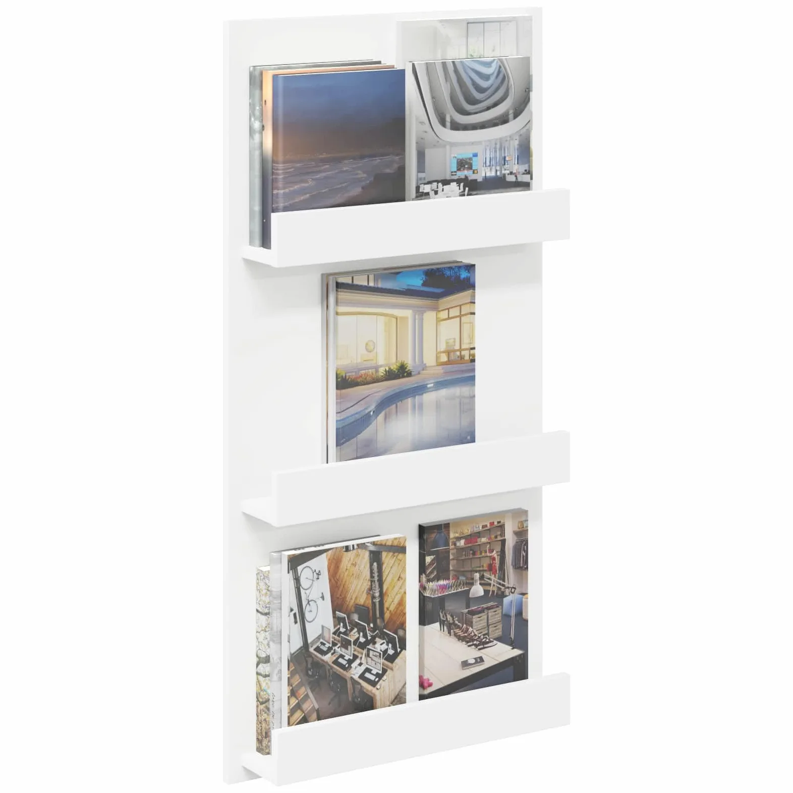 Portariviste bianco in legno 51 x 11 x 102 cm con 3 ripiani, versatile portariviste e organizer per soggiorno, ufficio e angolo di lettura