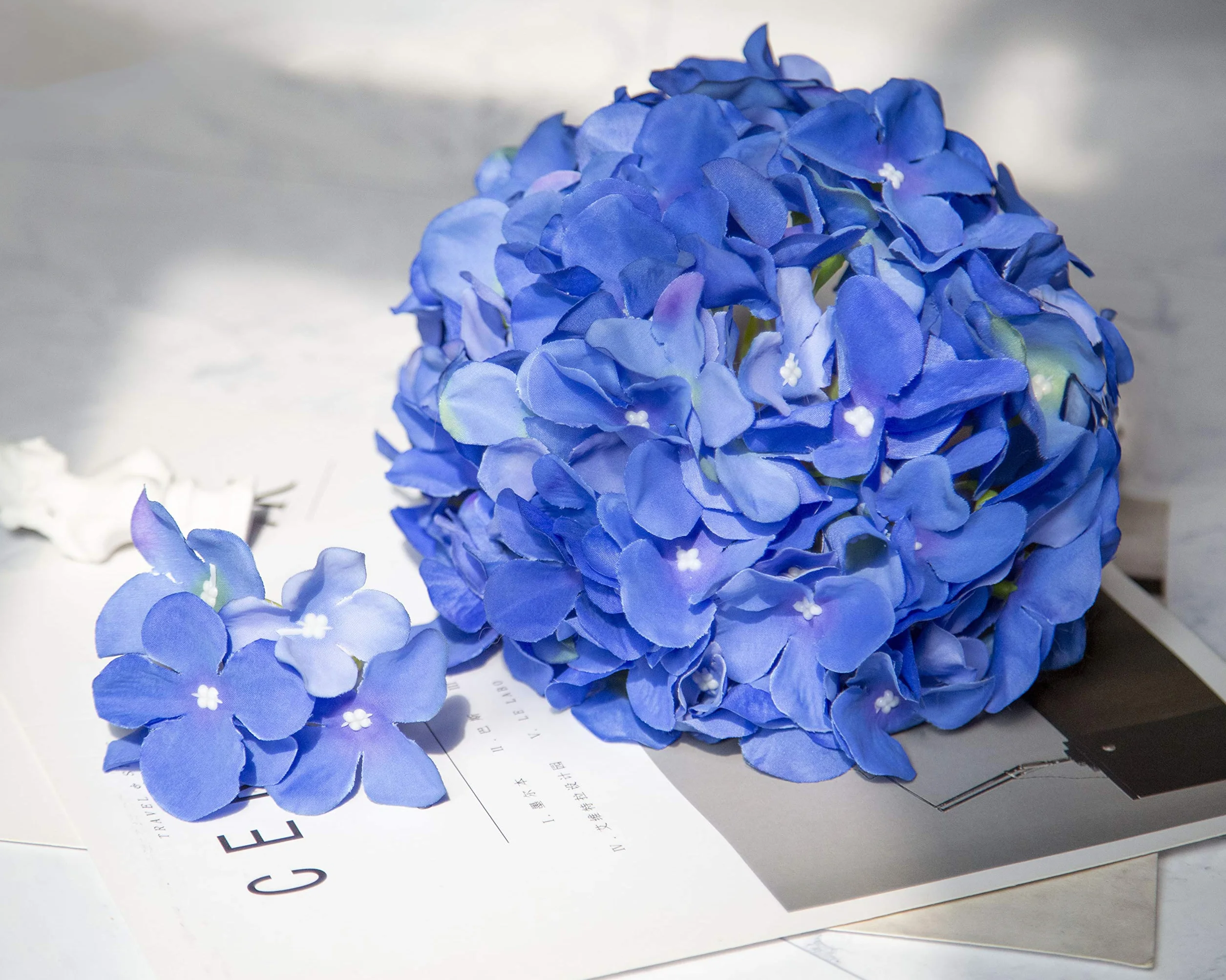 DuHouse Fiori artificiali di ortensia in seta più grandi con stelo, confezione da 6 (blu reale)