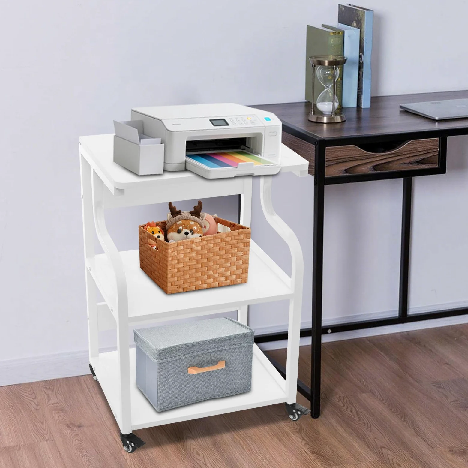 Tavolo per stampante a 3 livelli con ruote universali, 50 x 40 x 74,5 cm, in metallo, oltre 80 kg, per uffici domestici, uffici aziendali, sale di studio, spazi di stampa