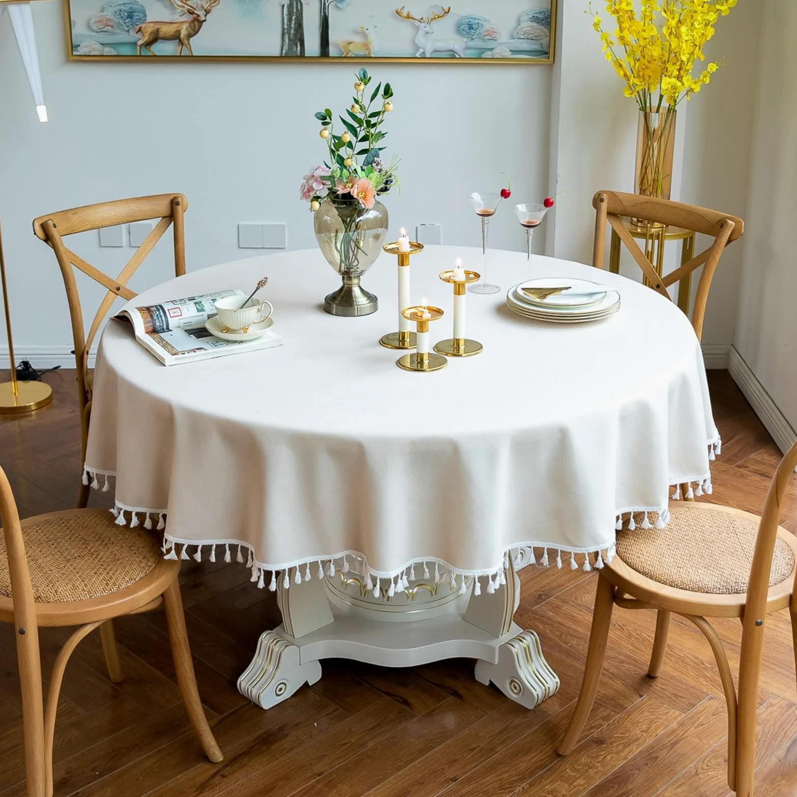 Tovaglia in cotone e lino con nappe, impermeabile e antimacchia, perfetta per uso esterno e interno, elegante colore beige, 160 cm, copertura quadrata per tavolo da pranzo