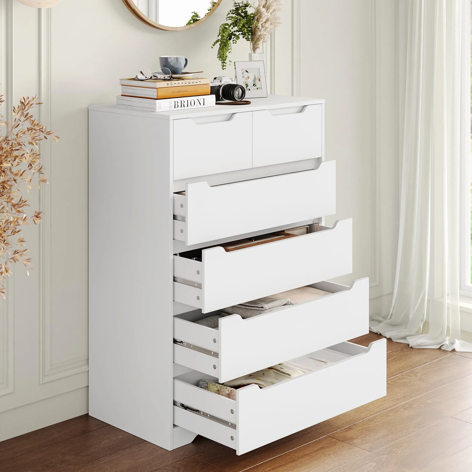 HOCSOK Cassettiera a 6 Cassetti, Comò Camera da Letto, Cassettiera Salvaspazio in Legno, Moderna Mobiletto Multiuso per Soggiorno Sala da Pranzo Corridoio, Bianco, 110.5 x 70 x 40 cm
