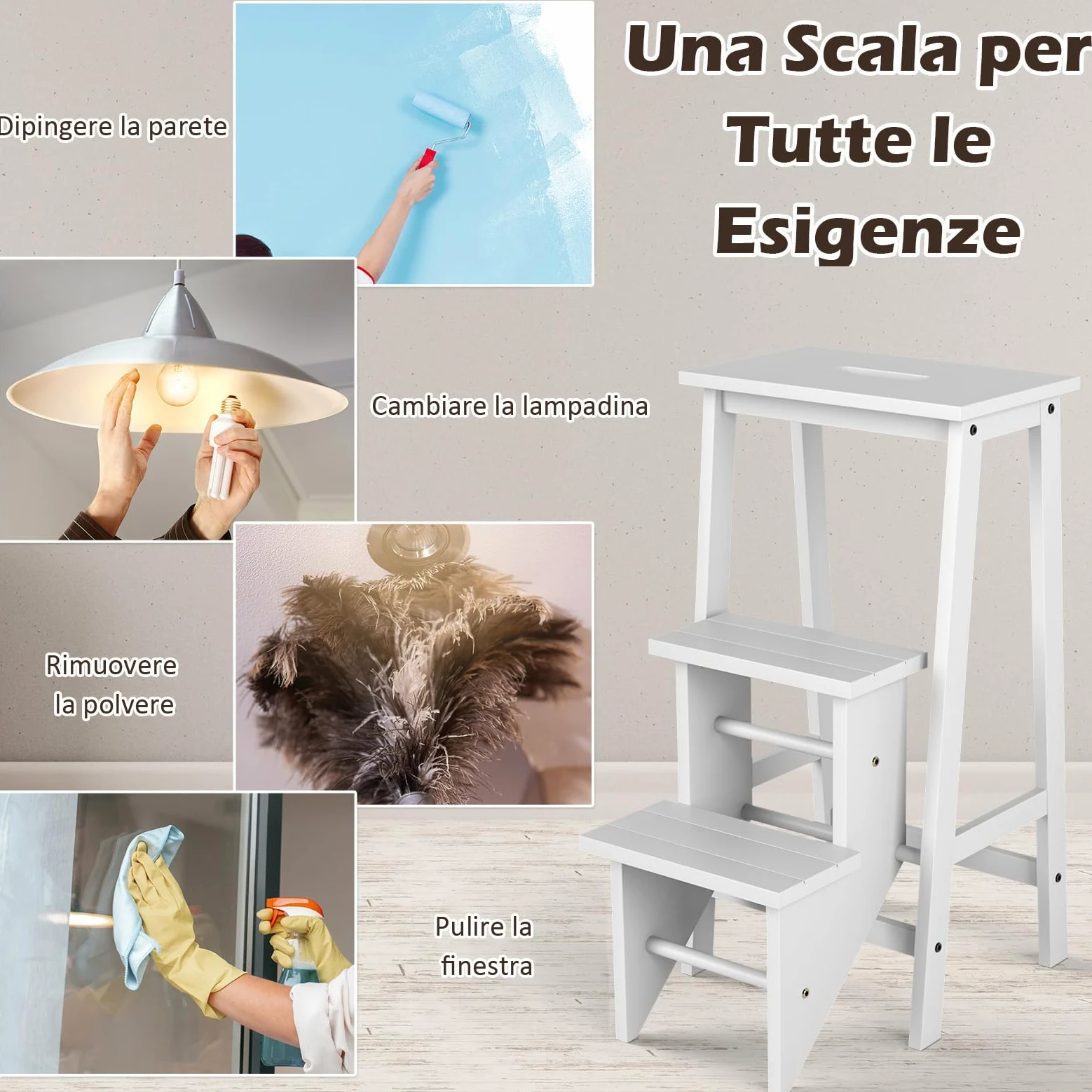 COSTWAY Scaletta Pieghevole, 3 in 1 Scaletta e Sgabello in Legno di Gomma Multifunzione, 3 Gradini, Reversibili Impugnatura, Capacità di Carico 310 kg, Ideale per Studio, Soggiorno (Bianco)
