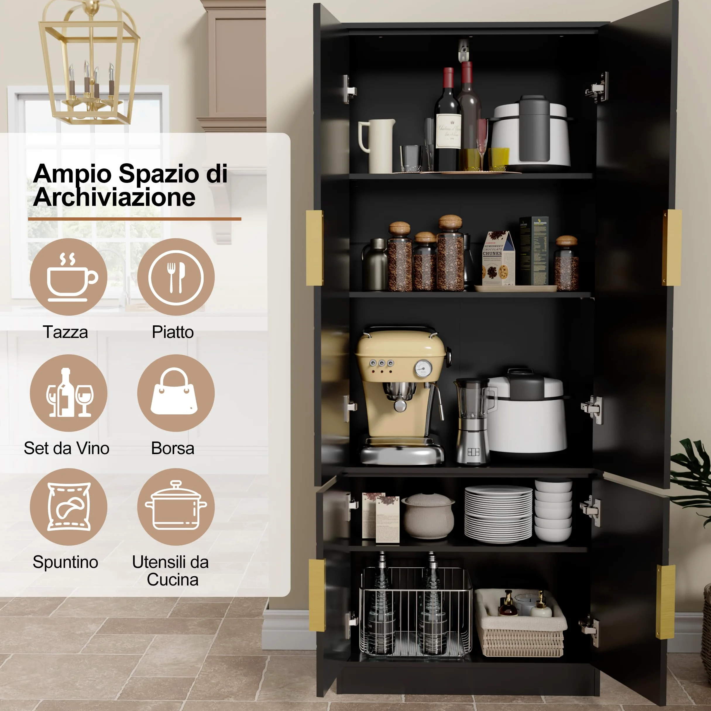 UEV Credenza Cucina Alta 150CM Design Diamante, Armadietto Highboard con 4 Ante, Grande Spazio di Archiviazione, Armadio Buffet Cucina Sicuro con Design Antiribaltamente, 60 x 30 x 150 cm, Nero