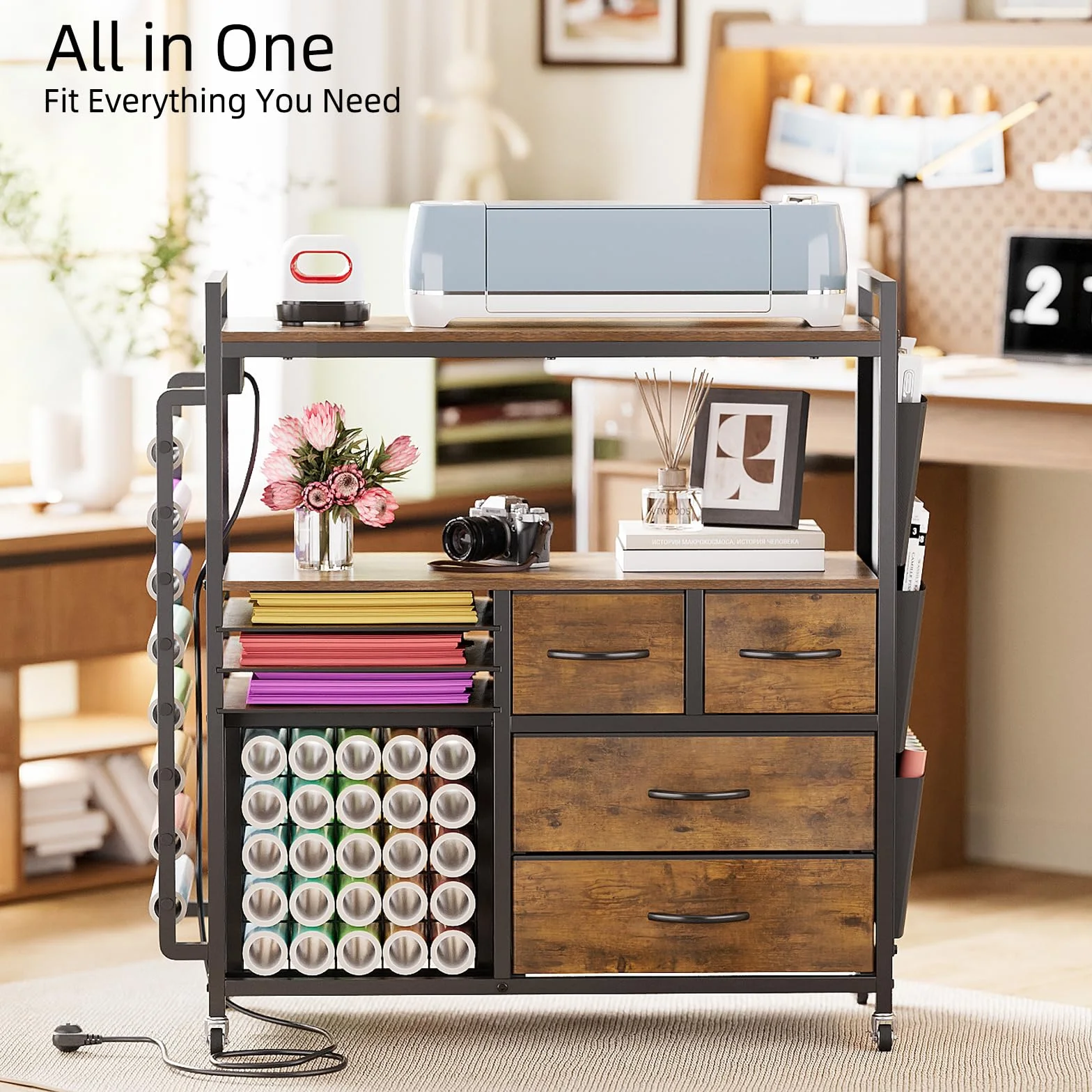 VEDECASA Grande organizer per bricolage, compatibile con macchine Cricut, cassetti in tessuto e porta rotolo in vinile, carrello mobile per la stanza del fai da te (marrone)