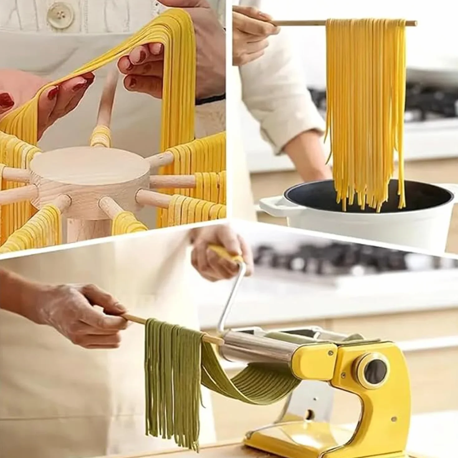 Essiccatore per Pasta, Stendino per Pasta, Essiccatoio per Pasta Grande in Legno con 9 Bracci Rimovibili,con Base, Riutilizzabili, per Spaghetti, Altezza 45 cm