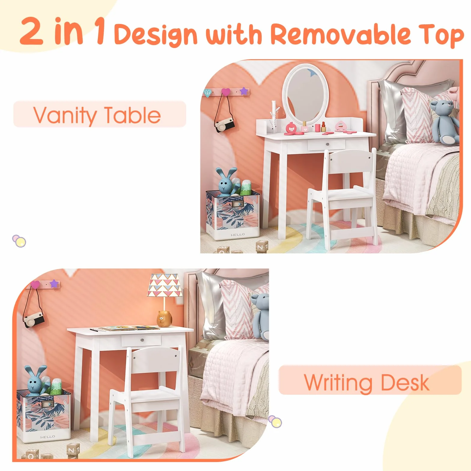 LIFEZEAL Toeletta per Bambini con Sedia e Specchio LED a 2 Colori, Tavolo da Trucco per Ragazze con Cassetto e Organizer a Forma di Albero, Set da Scrivania per Bambini dai 3 a 8 Anni