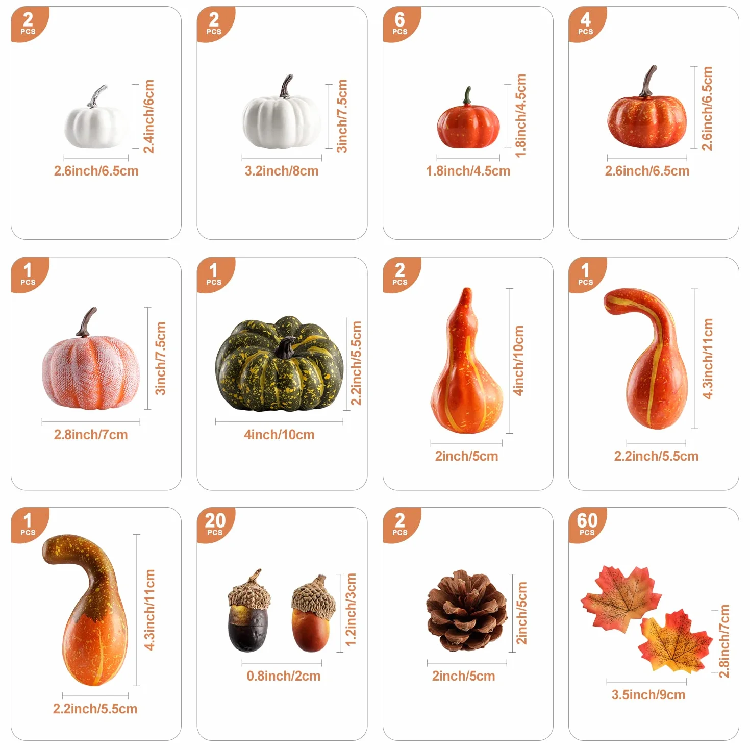 Benjia 102 Pezzi Set Decorazioni Zucche Autunno Artificiali Foglie Acero Pigne Ghiande Halloween Ringraziamento