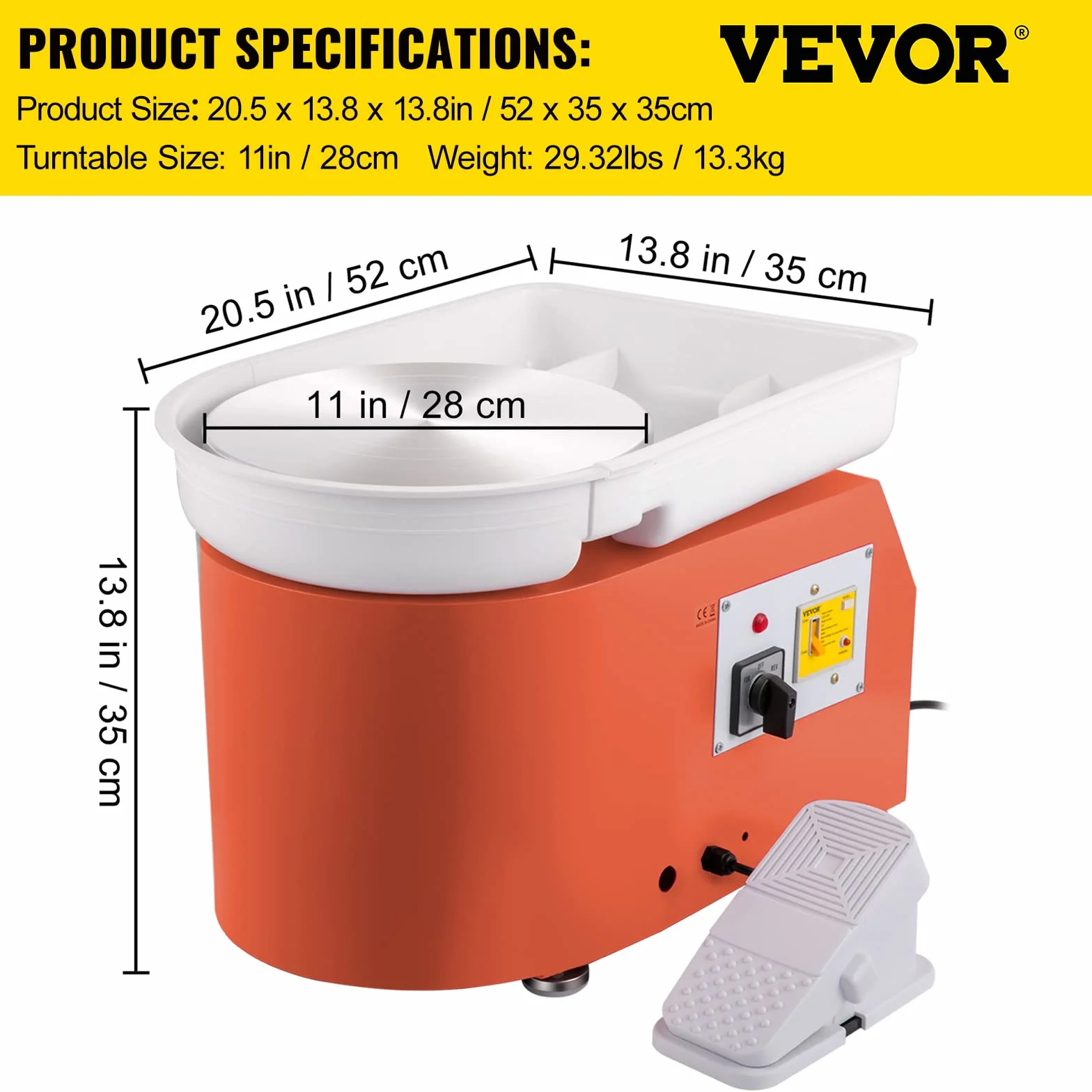 VEVOR Macchina per Argilla Ceramica Pedale 11 Pollici 350 W Modello TYLPJ28-OC Arancione