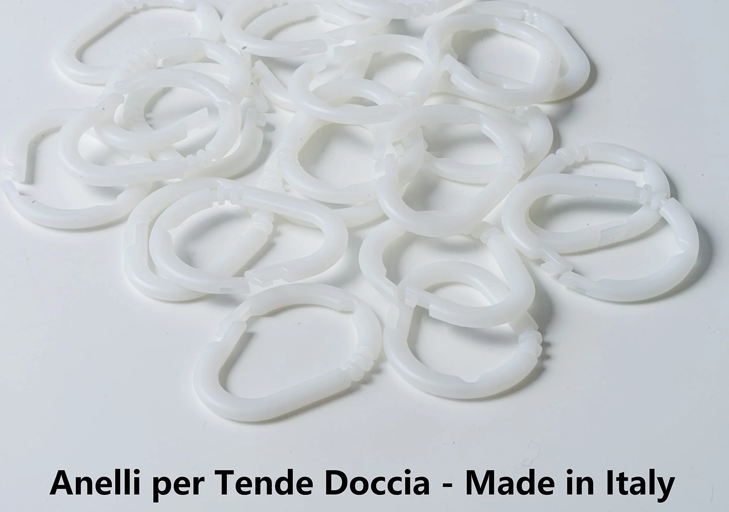 IPEA Anelli per Tende Doccia con Gancio Apribile 24 pezzi Made in Italy Plastica Super Resistente Scorrevole per Asta Tenda Bagno Bianco 45 x 35 mm