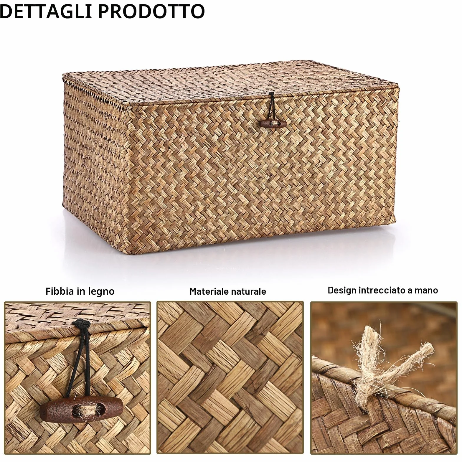 Cesto portaoggetti in vimini con coperchio, rettangolare, organizer da bagno, scatola decorativa