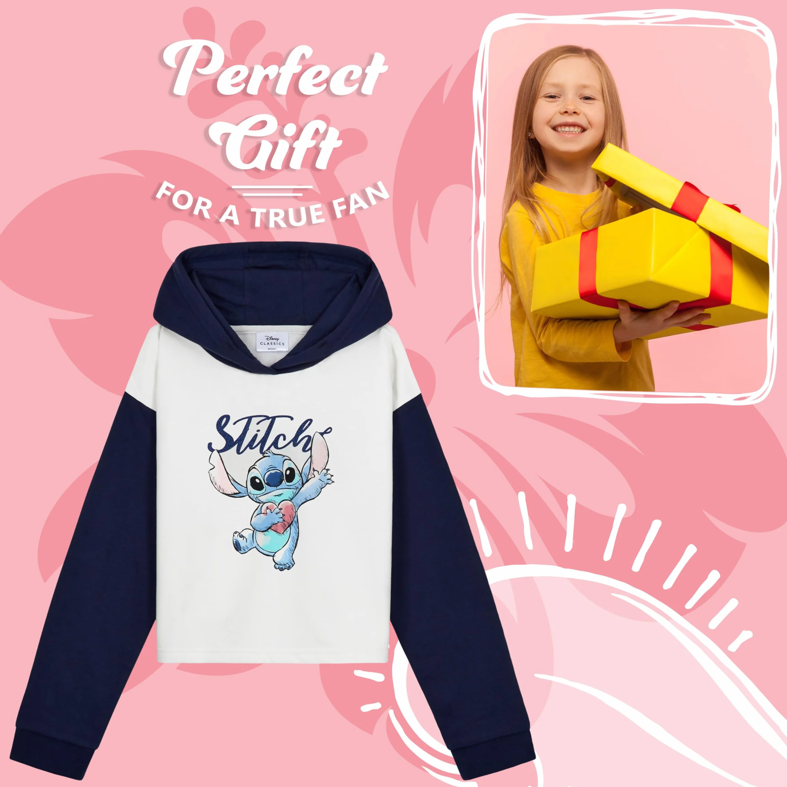 Disney Stitch Felpa Bambina Corta con Cappuccio Cotone Misto 7-14 Anni