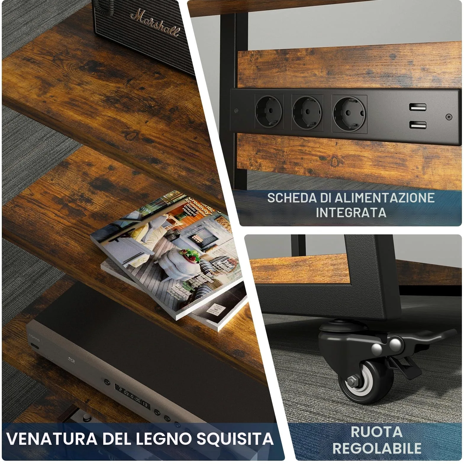 Mobile HiFi 4-level | Con prese multiple e ripiano regolabile | 4 ruote girevoli e 2 luci LED (app controllo) | 60x51x85cm Mobile Giradischi in legno e acciaio per impianto audio, impianto stereo
