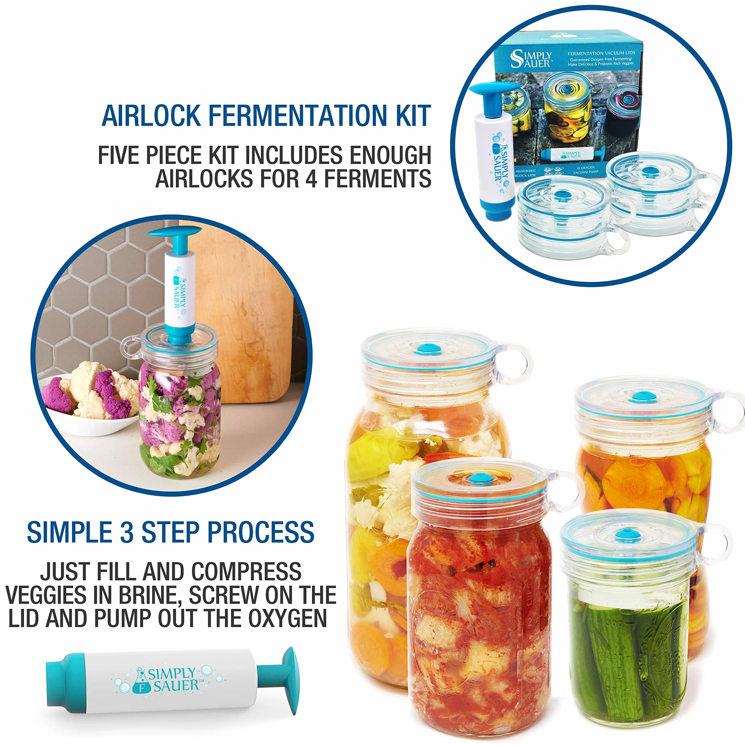 Kit di Chiusure Ermetiche per Fermentazione Simply Sauer - Compatibile con Barattoli a Bocca Larga - Include Chiusure Ermetiche, Pompa