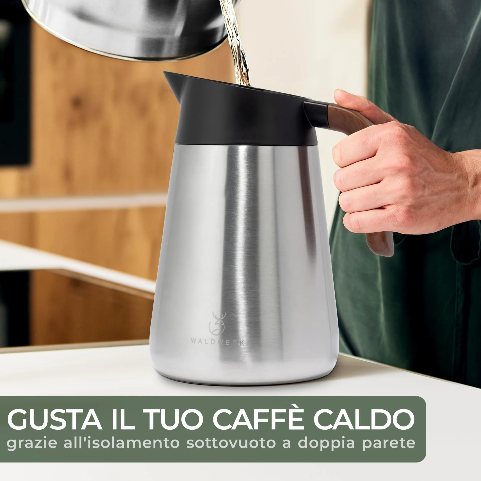 WALDWERK Caraffa Termica (1,5L) – Thermos Caffè in acciaio inox 304 a doppia parete – Brocca Isolante con beccuccio antigoccia – Bottiglia Termica per Caffè