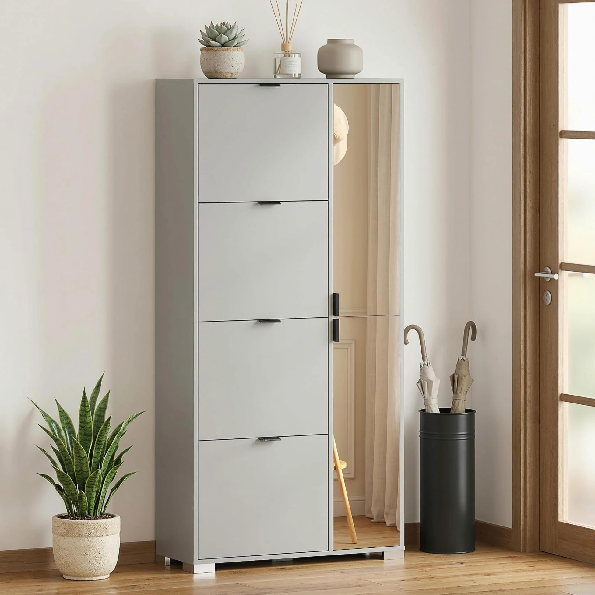 HOMCOM Scarpiera Salvaspazio Slim Alta con 2 Ante a Specchio e 4 Ante a Ribalta, Scarpiera Ingresso con Ripiani Regolabili, 2 Armadietti, 5 Gambe, Porta Scarpe per 16 Paia, 82x30x168 cm, Grigio