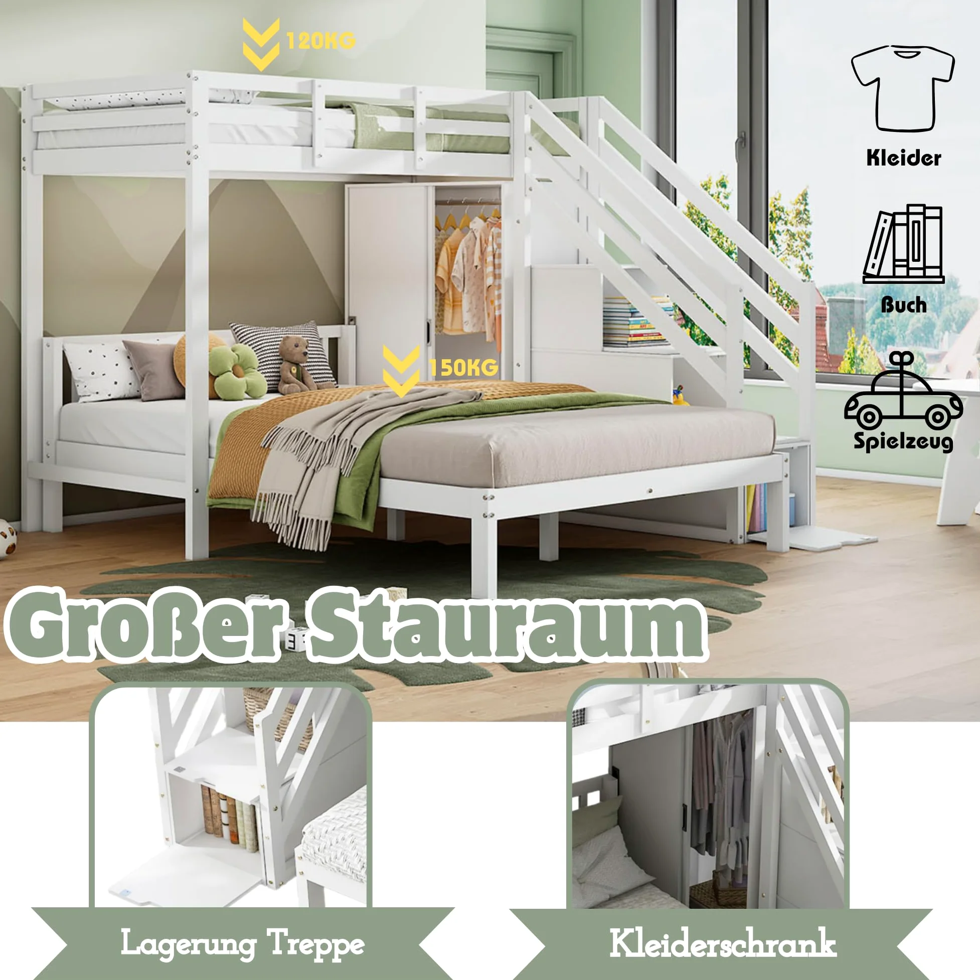 Letto a castello con guardaroba, letto a castello per bambini, 90 x 200 cm + 140 x 200 cm, multifunzione, con scaletta, grande spazio di archiviazione, senza materasso, bianco