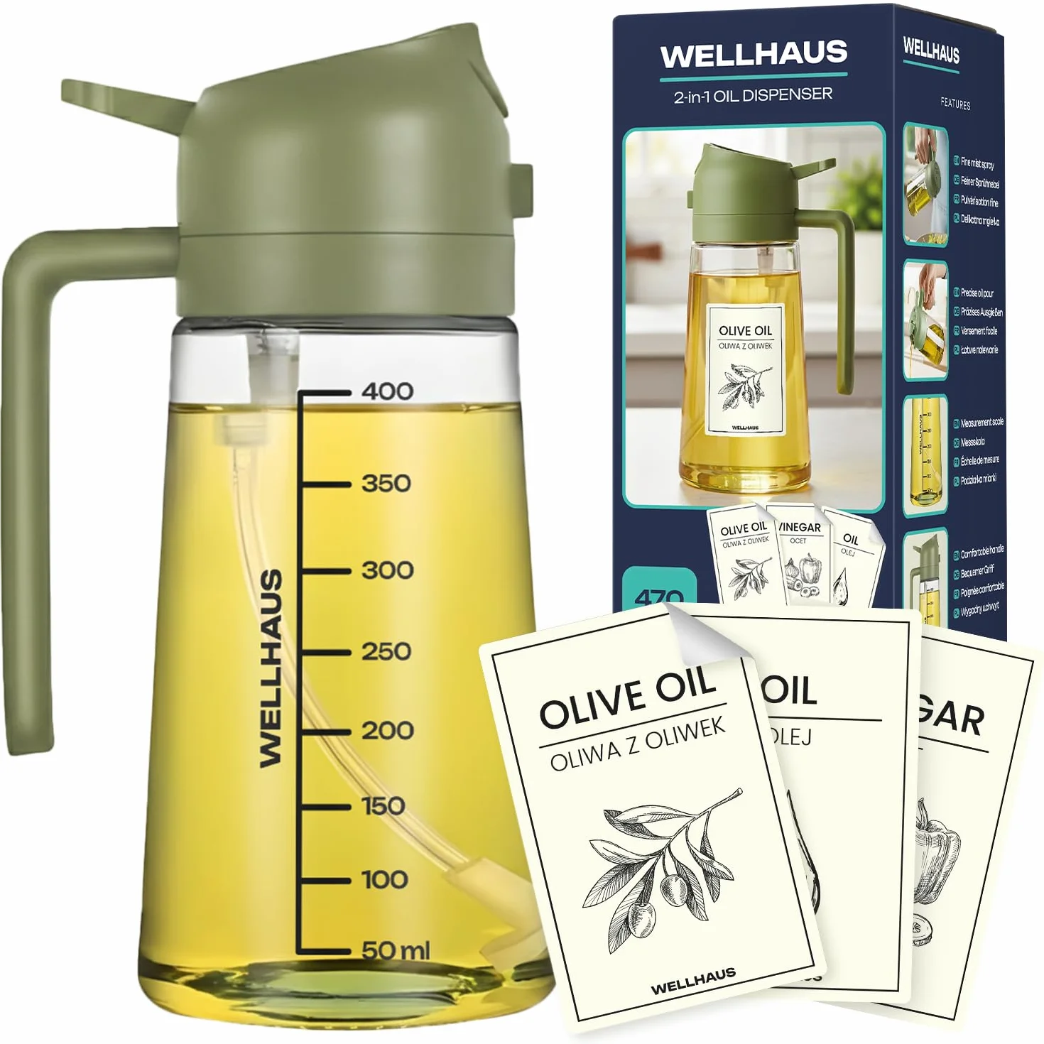 Dispenser per olio d'oliva & spray per olio 2in1 – 470 ml, flacone in vetro con protezione UV, a tenuta di luce, erogatore per olio & spray per olio per friggitrice ad aria, cucina, cottura