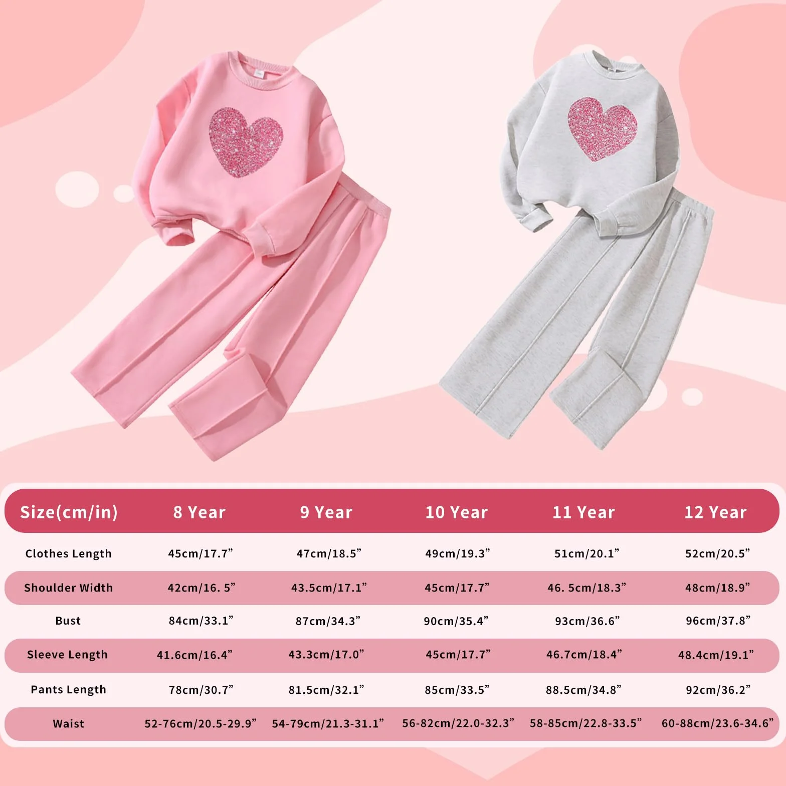 Kunyeah 2 pezzi felpa da ragazza con stampa a cuore pullover tuta in pile a maniche lunghe vestiti pantaloni set per età 8-12 anni