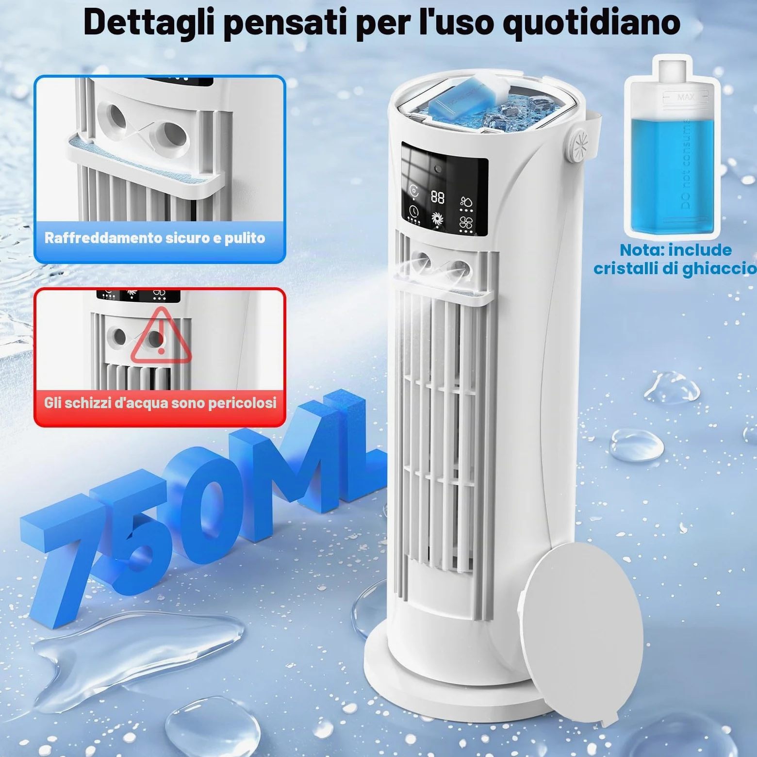 Condizionatore Portatile Modalità Tempesta,Raffrescatore Aria 4 in 1 Silenzioso 28dB, Ventilatore Senza Pale,Oscillazione 120°, Doppia Nebbiatura Anti-perdita 750mL, Timer 8H per Casa Ufficio (Bianco)