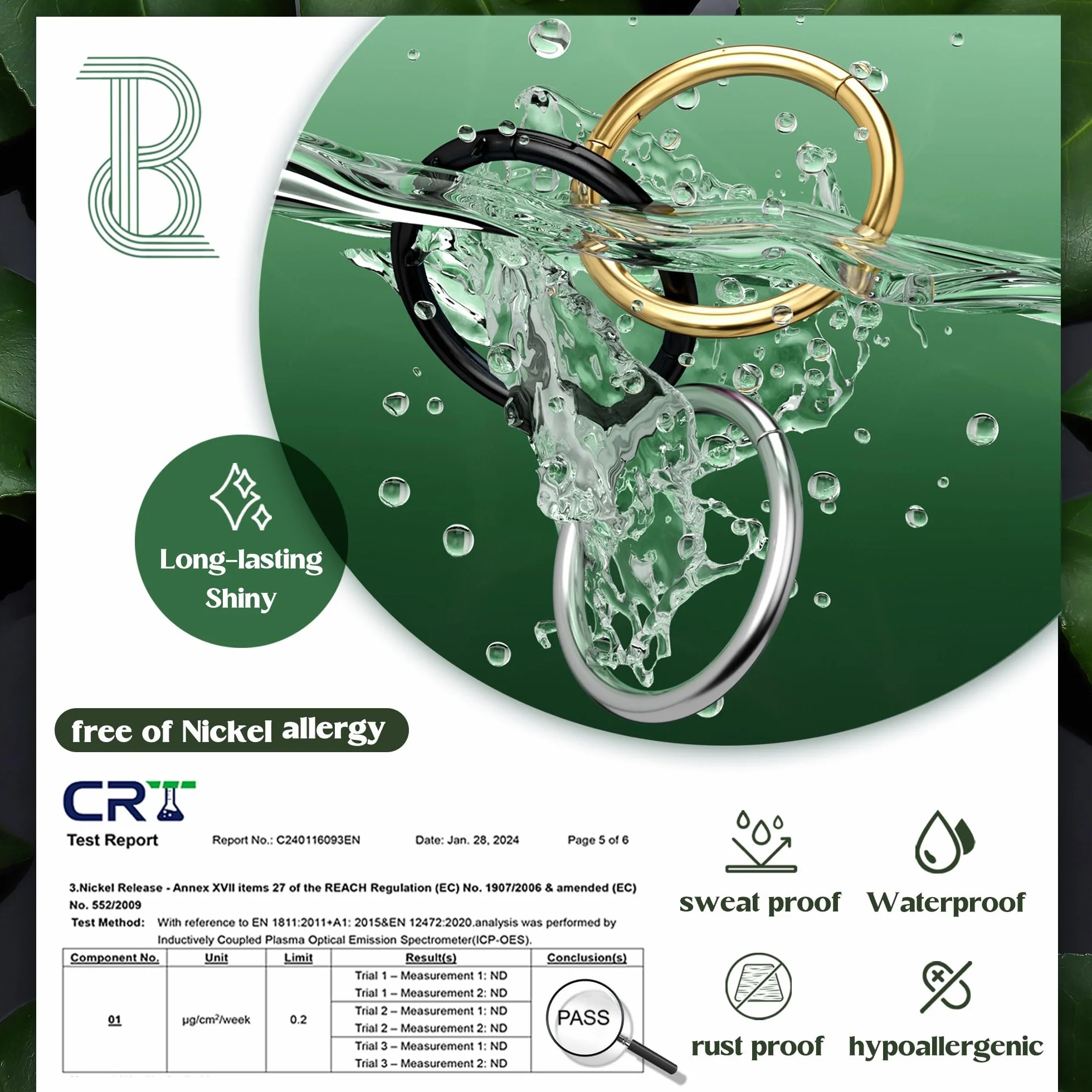 BodyBonita Piercing Naso Anello con Cerniera 316L Acciaio Chirurgico Septum Clicker Cartilagine Oro/Argento/Nero