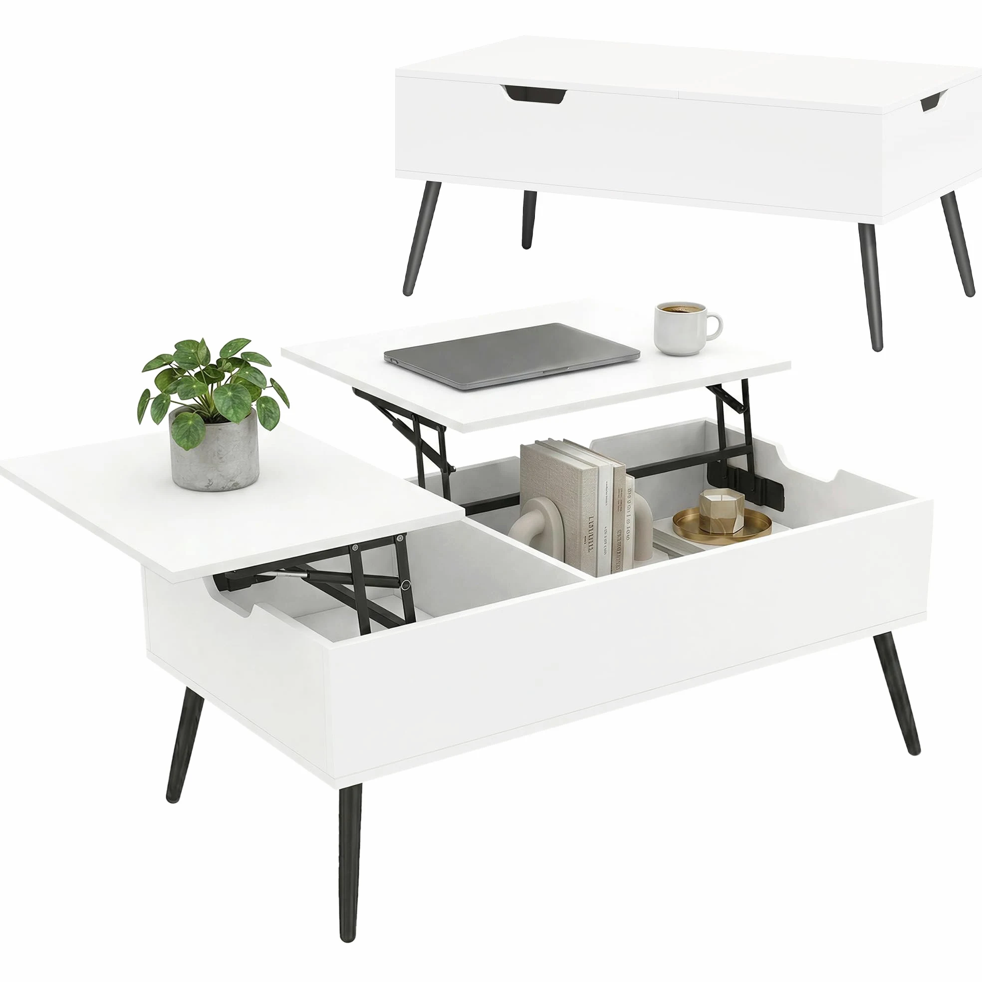 HOMCOM Tavolino da Caffè Sollevabile Salotto 100x50x43.6-58 cm Bianco | Doppio Piano, Vano Nascosto, Gambe in Metallo, Soggiorno Casa Ufficio