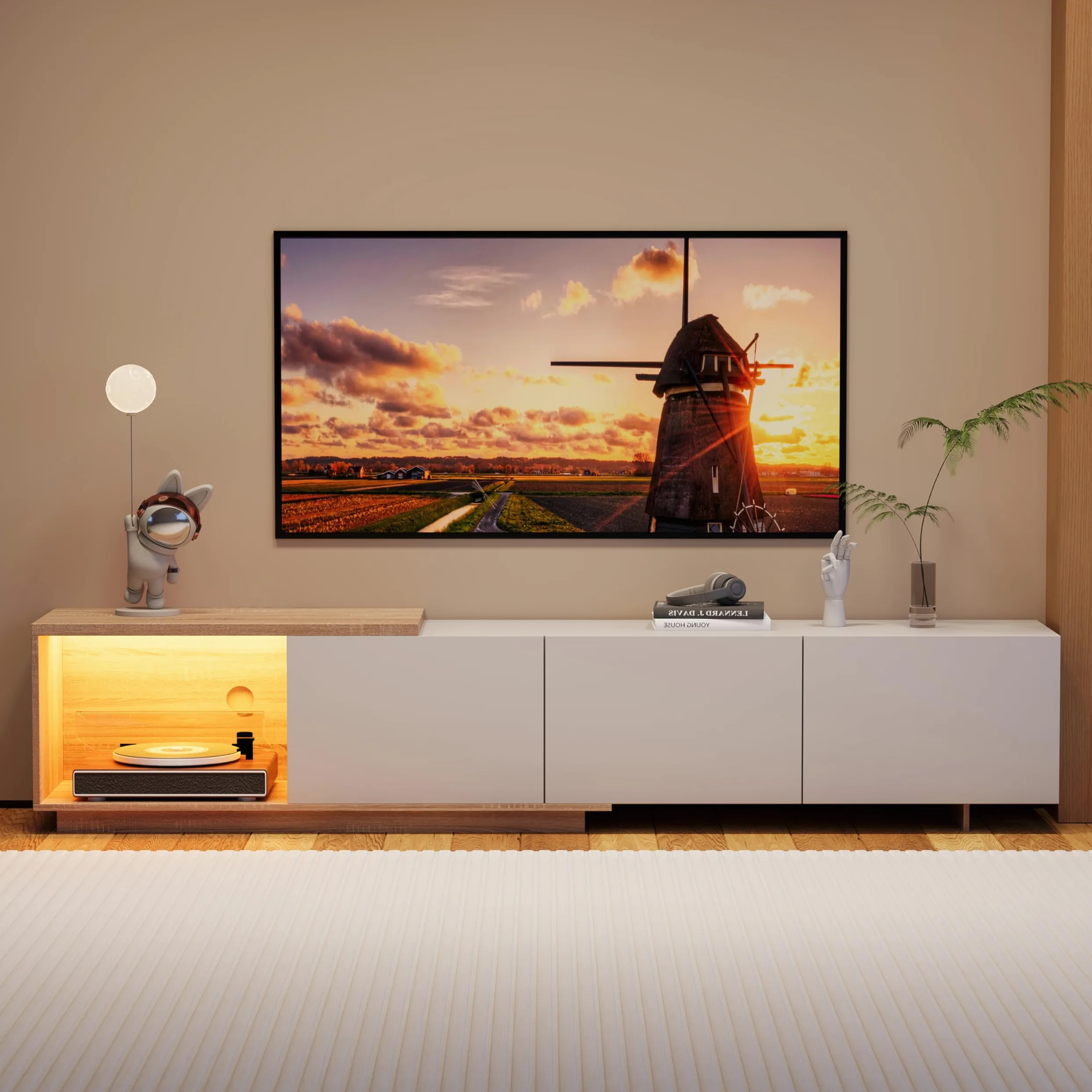 Mobile porta TV allungabile, mobile porta TV 240 cm di lunghezza con illuminazione LED, 3 cassetti, mobile TV in legno, mobili TV per televisioni da 65 pollici, mobili TV moderni per soggiorno o