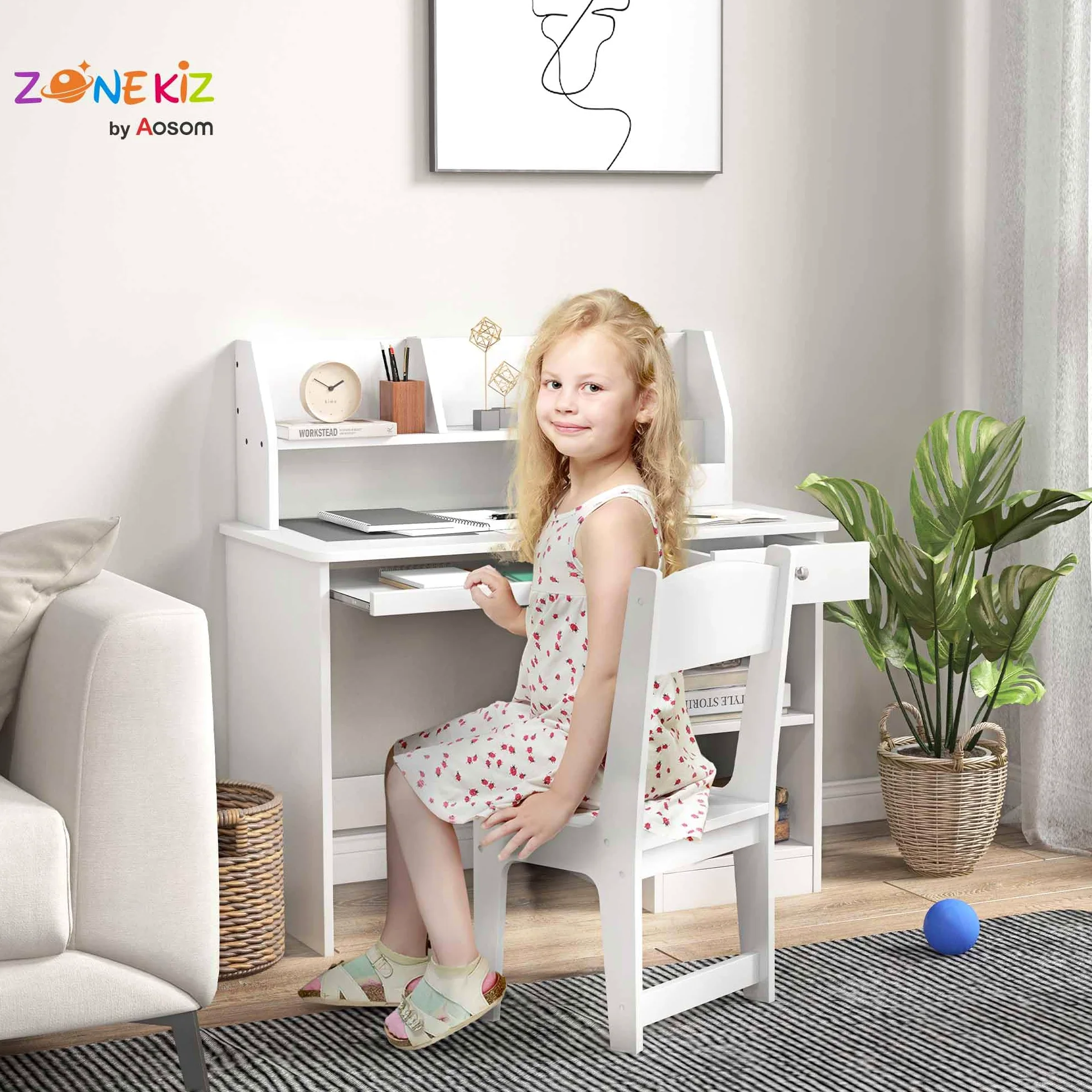 ZONEKIZ Tavolo Scrivania per Bambini con Sedia, Banco Scuola per Bambini da 5 a 8 Anni in Legno con Scaffale e Seggiola, Bianco