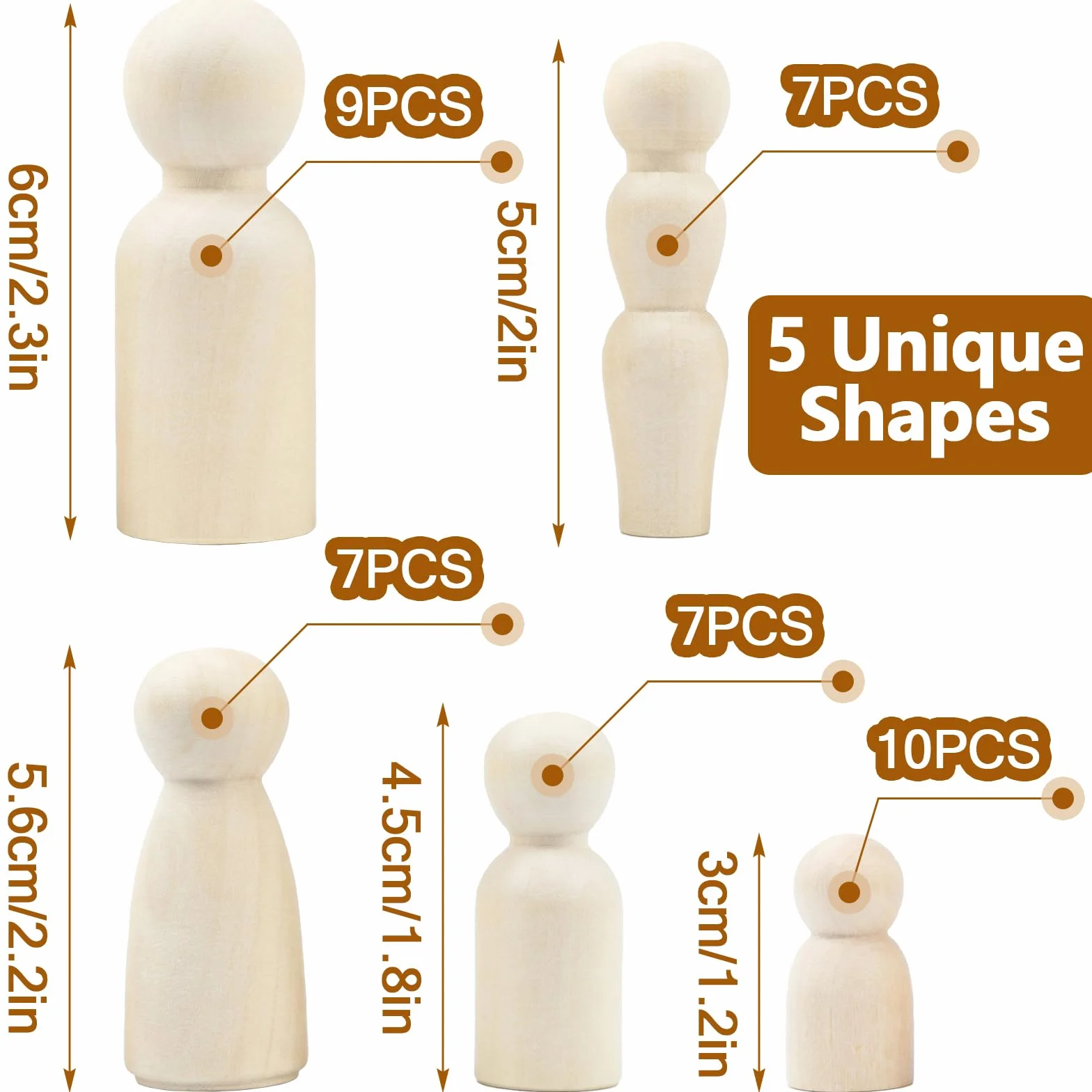 Per Peg Doll Legno da Dipingere, PUYUKO 40 Pezzi Bambola Piolo di Legno 5 Forme 30-60 mm, Figure Familiari da Dipingere per Lavori Fai da Te Creazioni Artistiche e Painted