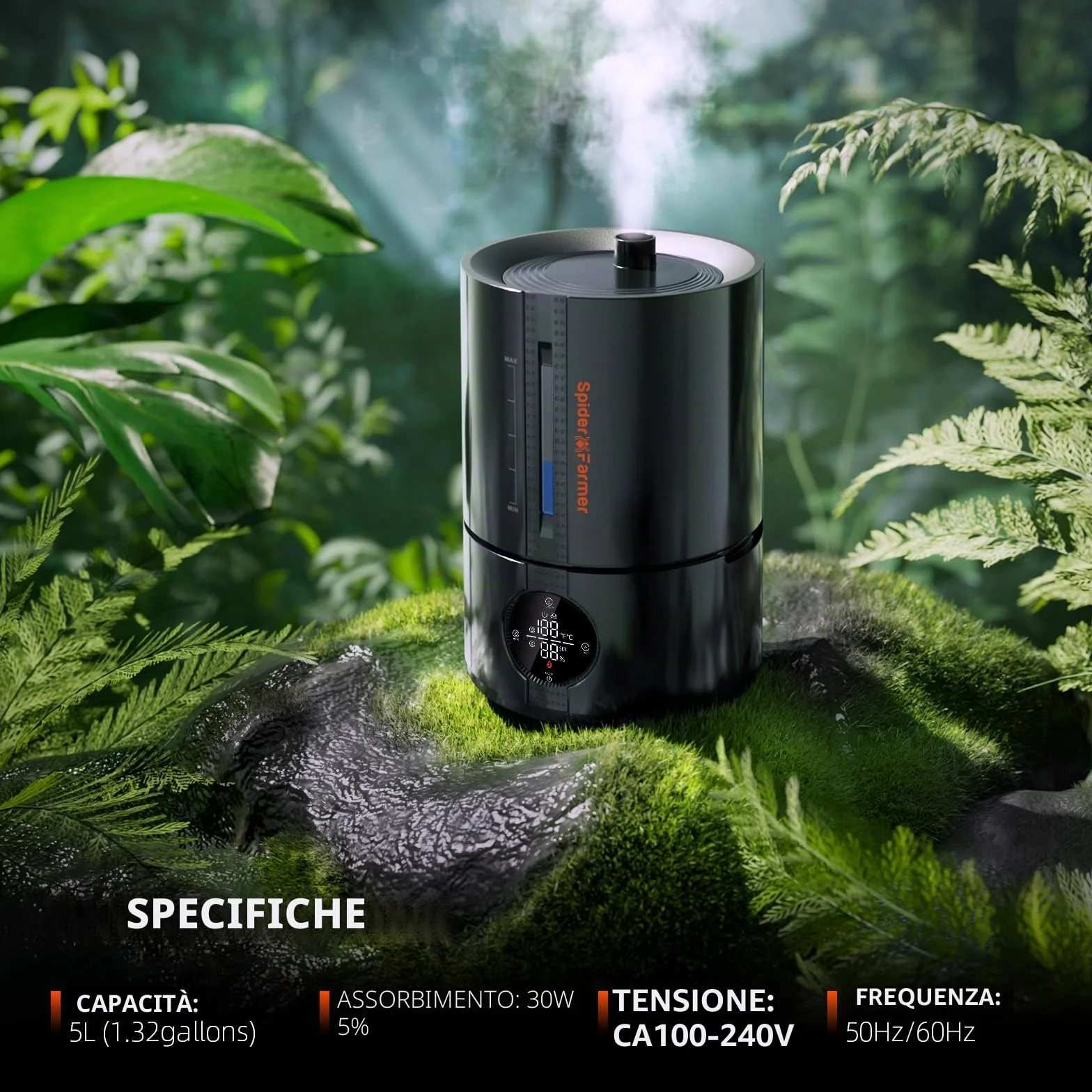 Spider Farmer Nuovo umidificatore da 450 ml/h per piante Tenda da coltivazione Camera da letto, GGS Smart Umidificatore a ultrasuoni con igrometro Nero Piccolo 5 L