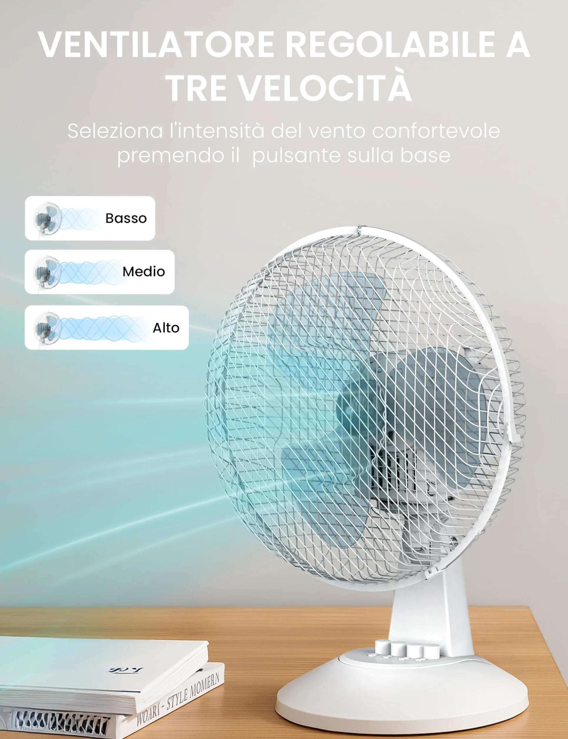 COMFEE' CFT40PW00A2 40CM Ventilatore da Tavalo, 25W Silenzioso Ventilatore Con 3 Pale, 3 Livelli di Velocità, Oscillazione 90°, Efficiente e adatto per casa e ufficio, Bianco