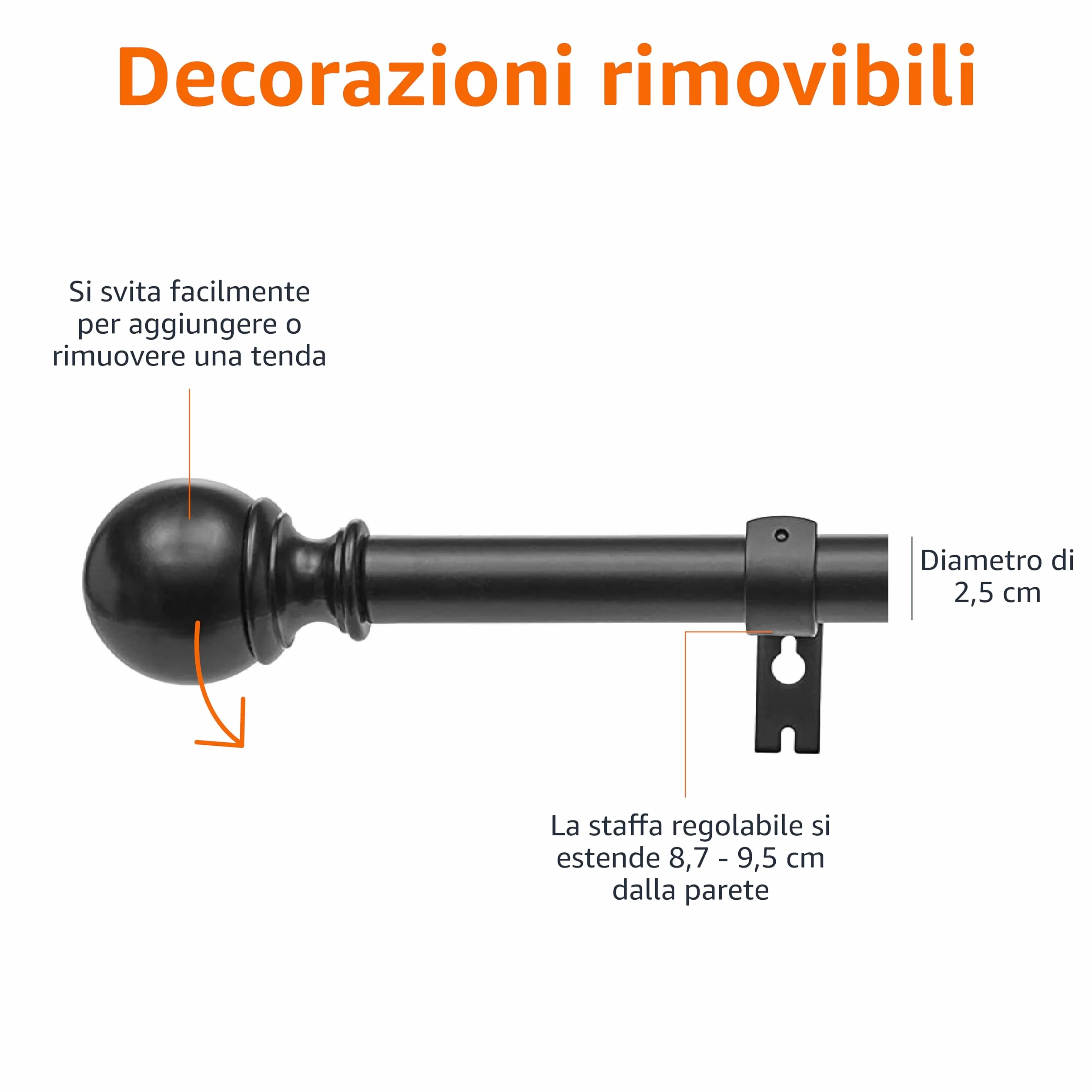 Amazon Basics Bastone per tenda estensibile diametro 19 mm da 91 a 183 cm nero