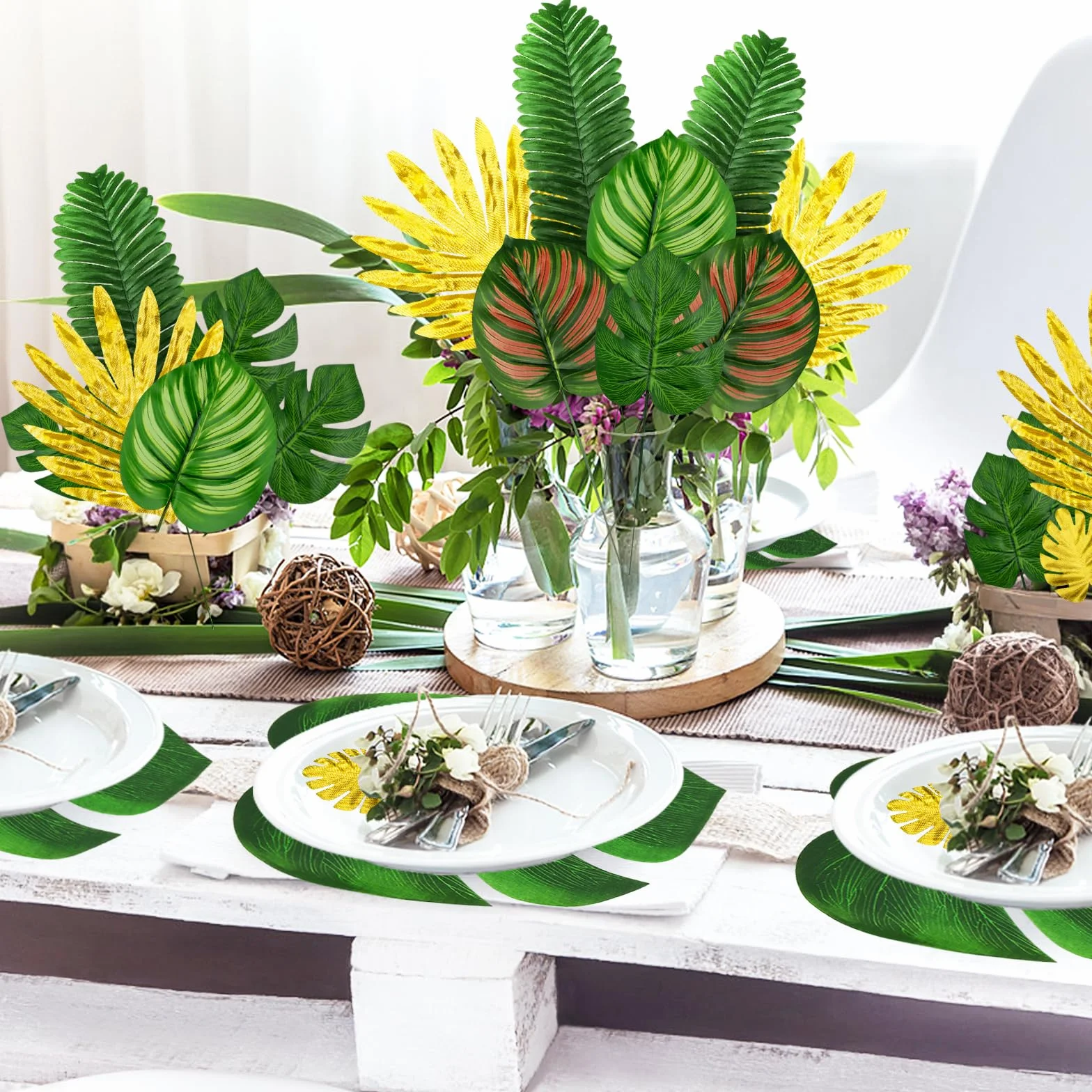QUOZUO 50 pezzi foglie tropicali artificiali Monstera decorazione verde e oro