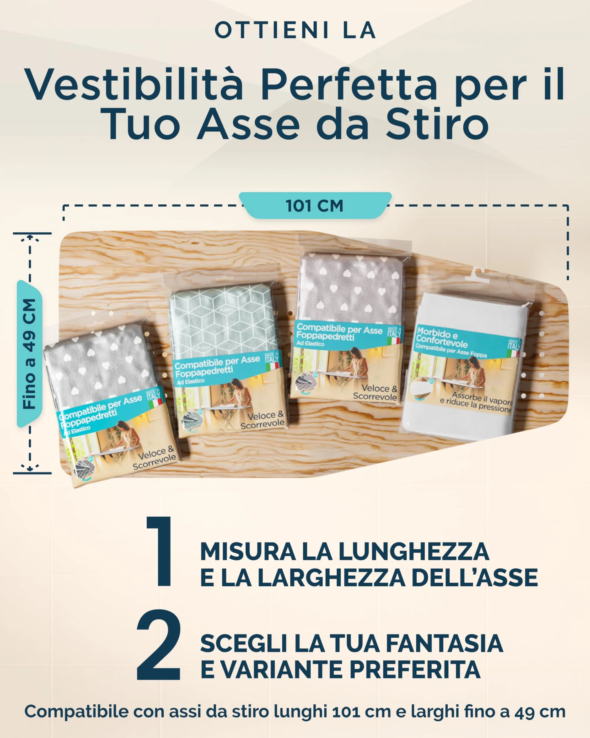 ARCOL Copriasse da Stiro ad Elastico Compatibile per Asse da Stiro Foppapedretti - Made in Italy - Ricambio Copertura asse da Stiro 100% Cotone - Telo asse da stiro (Copertina, Beige Cuori Bianchi)