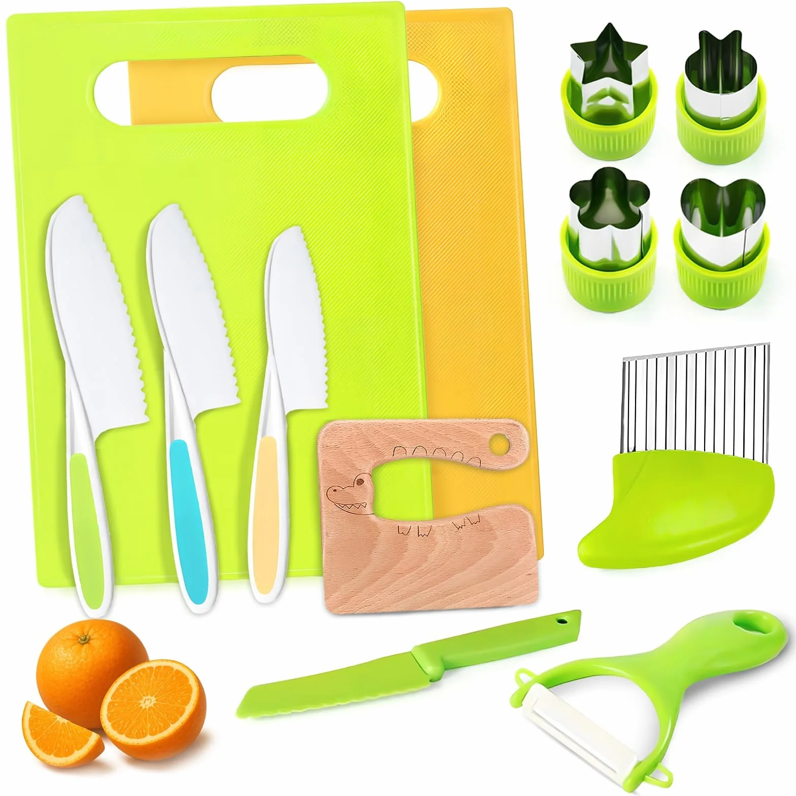 Set Coltelli da Cucina per Bambini 13 Pezzi – Coltello Bambini Montessori Antitaglio con Tagliere, Coltello in Legno e Formine – Utensili Cucina Sicuri per Tagliare Frutta e Verdura, Cucina Montessori
