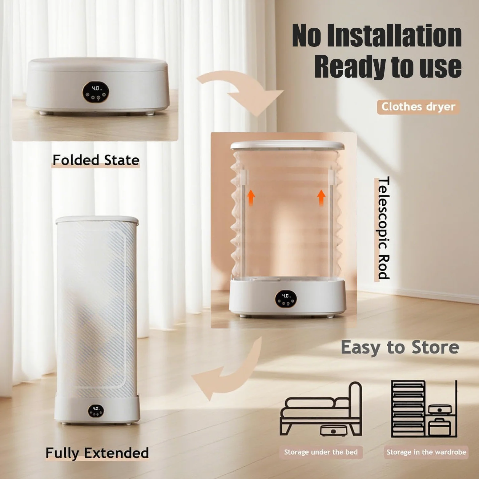 Stiratrice Automatica Asciugatrice Portatile Senza Mano, 30 Min Modo Rapido, Odori Barbecue/Fumo, Design Pieghevole, Adatta per Appartamenti, Uso Imediato
