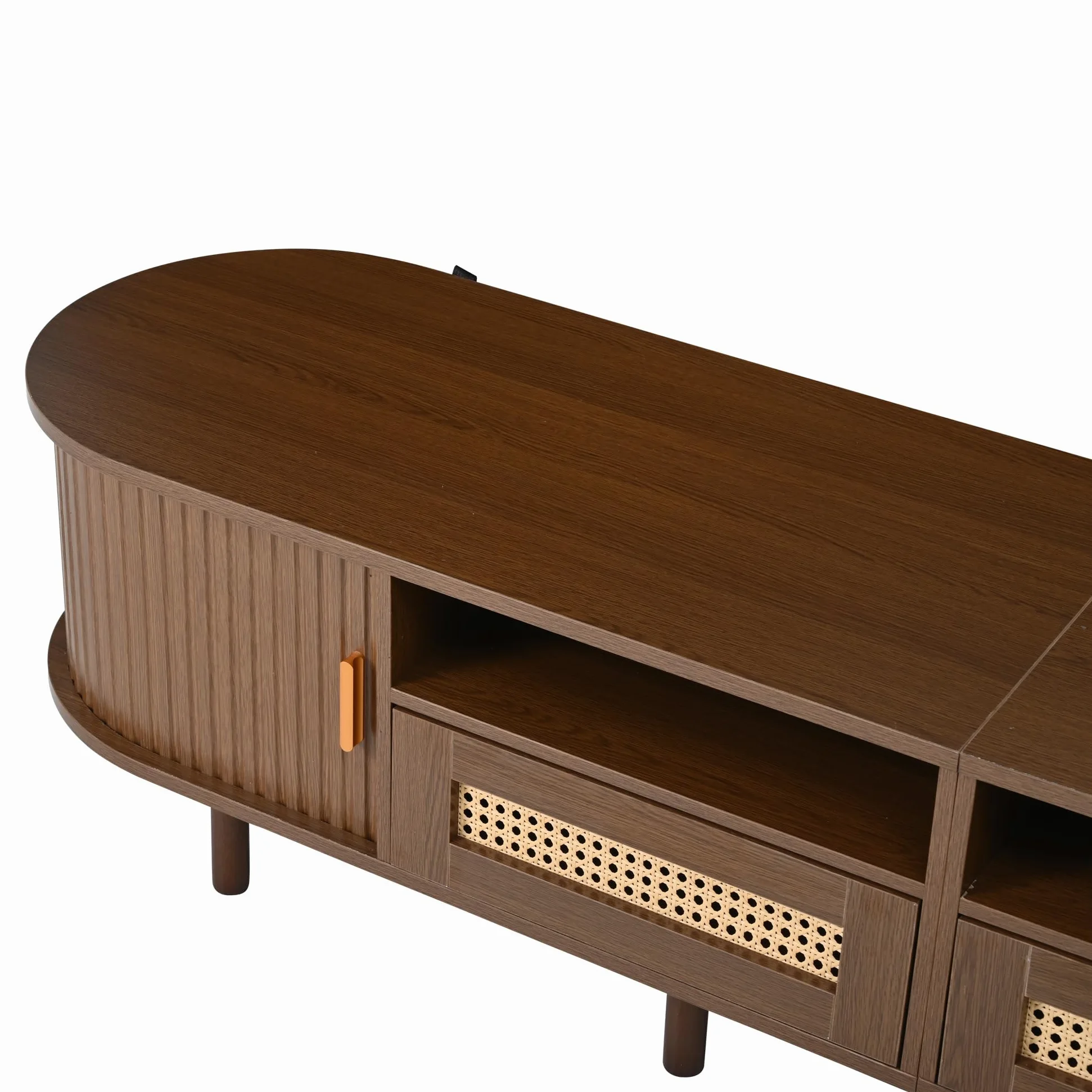 SACOOL Supporto per TV ovale e tavolo per TV, 170 x 40 x 40 cm, mobile TV con 2 cassetti design in rattan, 2 ante scorrevoli, lowboard fino a 70 pollici, tavola TV e cassettiera TV, noce