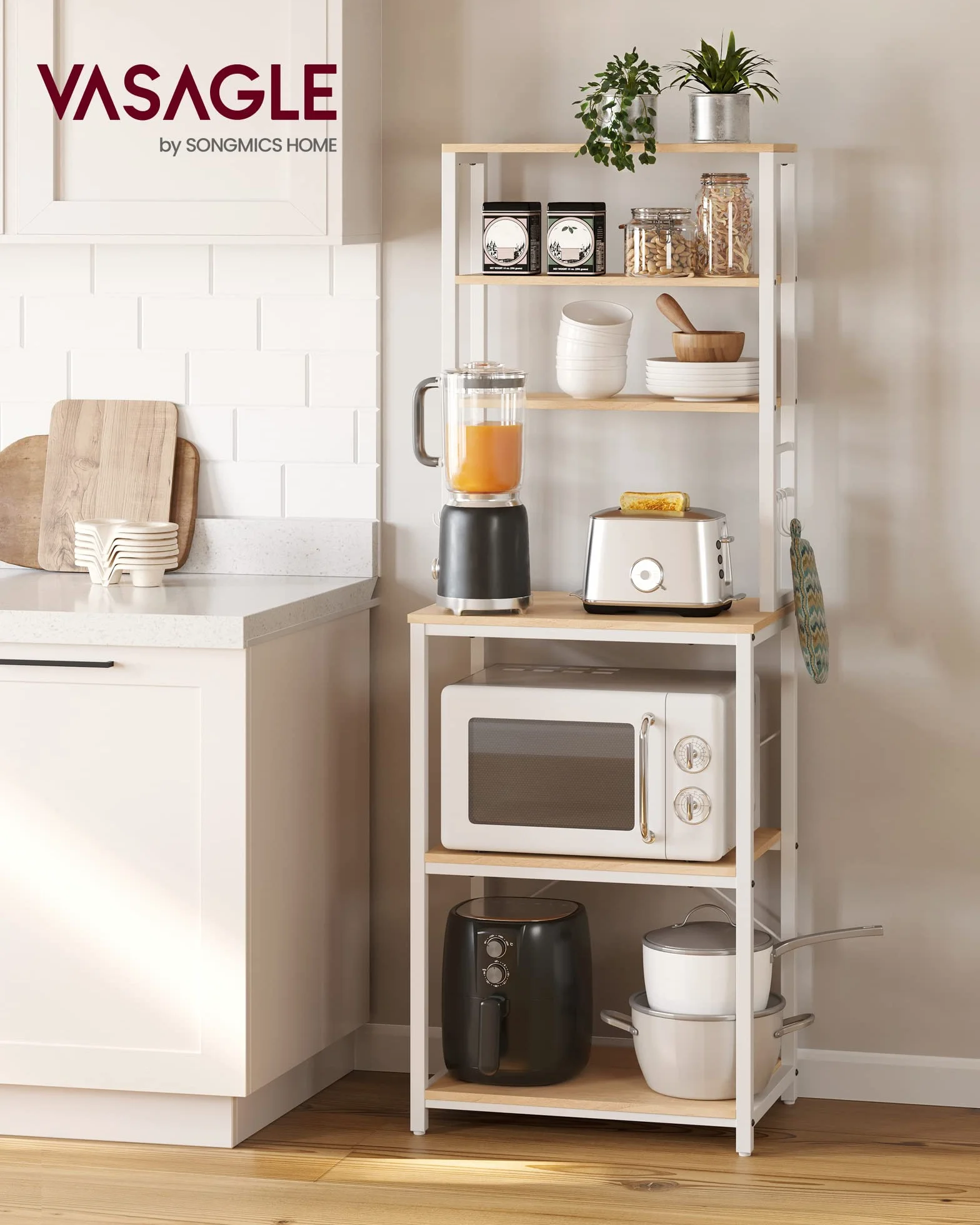 VASAGLE Scaffale Cucina 6 Ripiani Acciaio 40x60x167 cm Rovere Dorato e Bianco Nuvola KKS024W09
