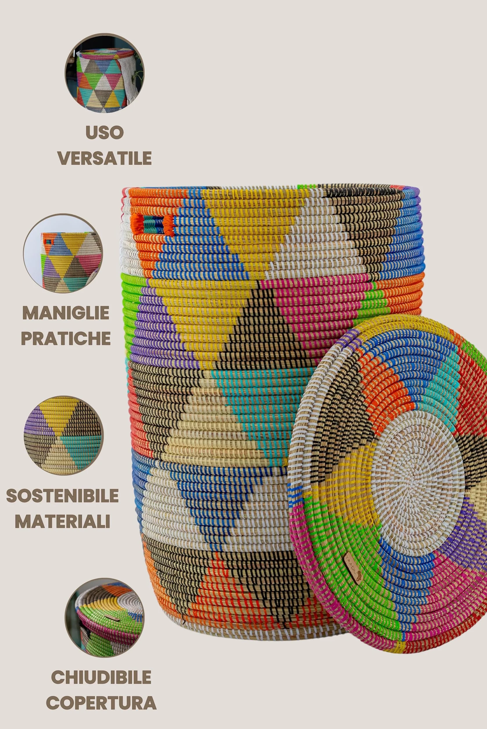 YAADU Cesto per biancheria con coperchio 80L - Raccoglitore per biancheria XXL, cesto con coperchio grande, scatole per biancheria, cesto africano, Modello Khaliss (Triangoli-Colorati-Piatti)