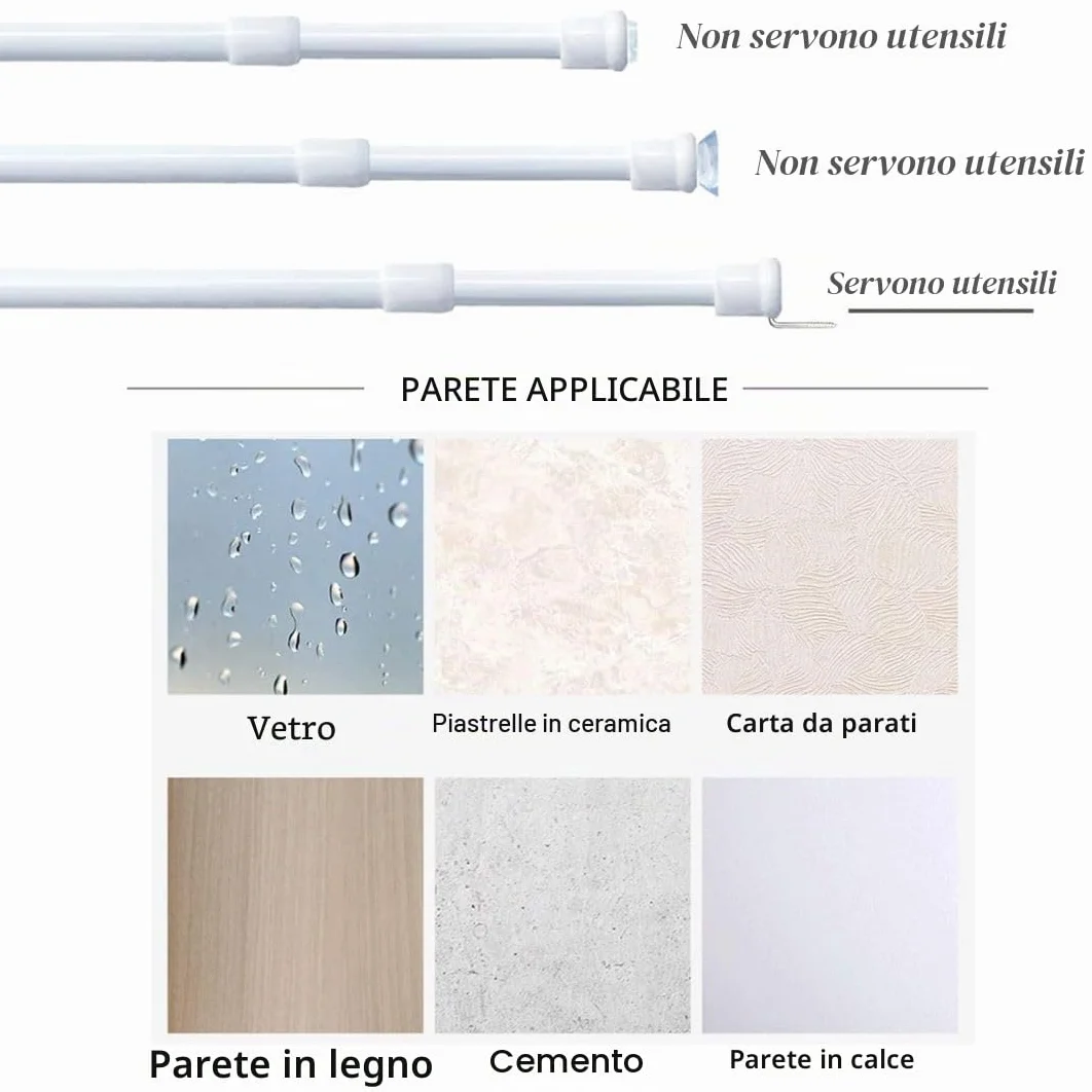 Bacchette per tende a vetro a pressione 2 pezzi estendibile diametro 10mm 45-60cm Bianco