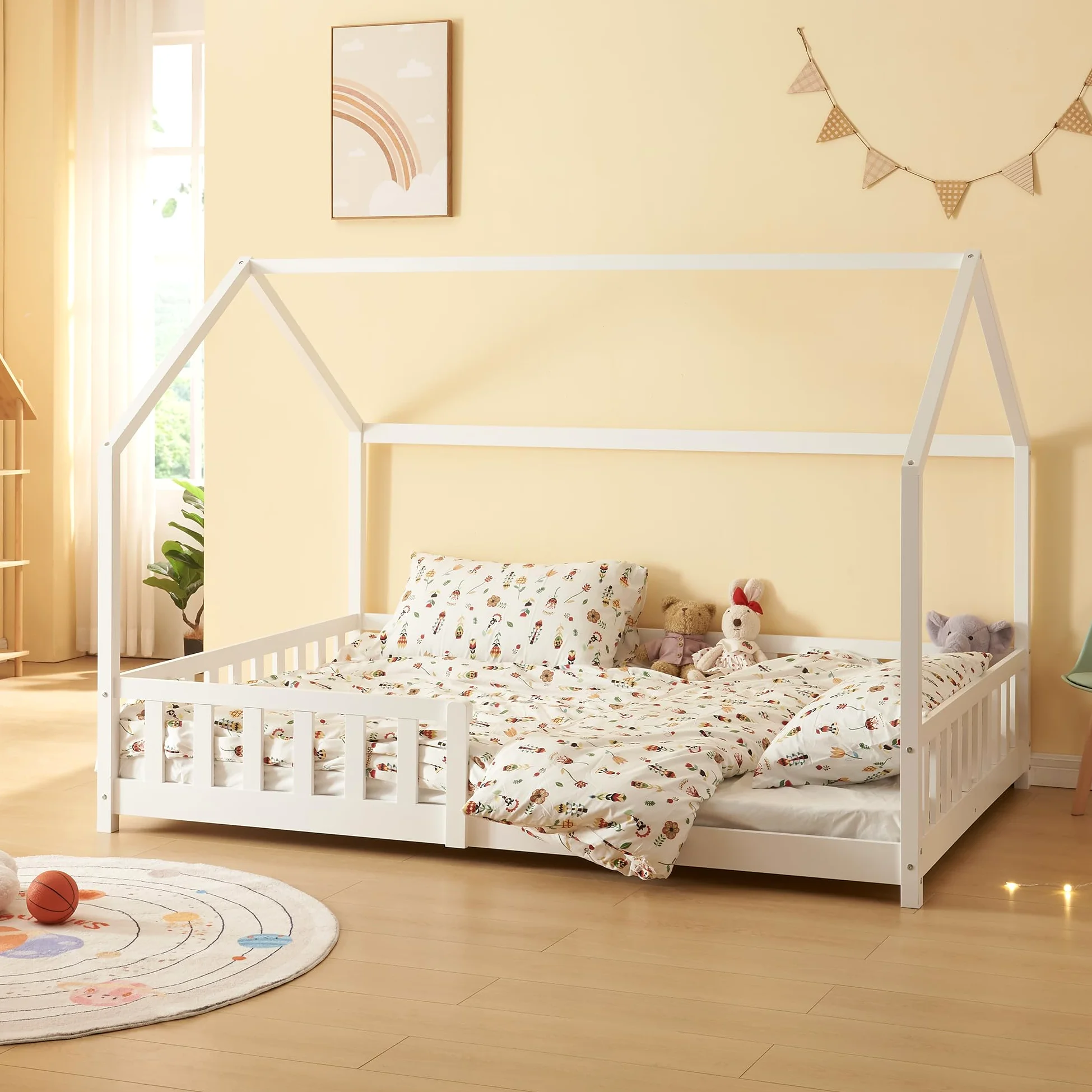 [en.casa] Letto per Cameretta Lettino a Forma di Casetta con Sbarre Letto Piazza e Mezza per Bambini Struttura in Legno di Pino 120 x 200 cm Bianco