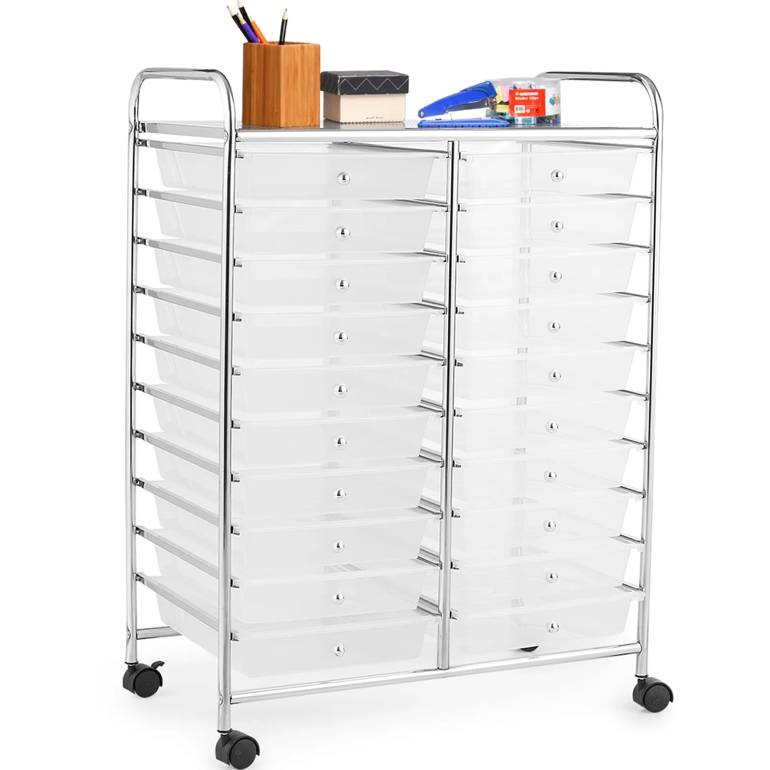 COSTWAY Carrello di Stoccaggio con 20 Cassetti, Carrello portaoggetti con 4 Ruote, Carrello Multiuso per Scuola Ufficio Cucina, 64 x 39 x 88 cm (Trasparente)