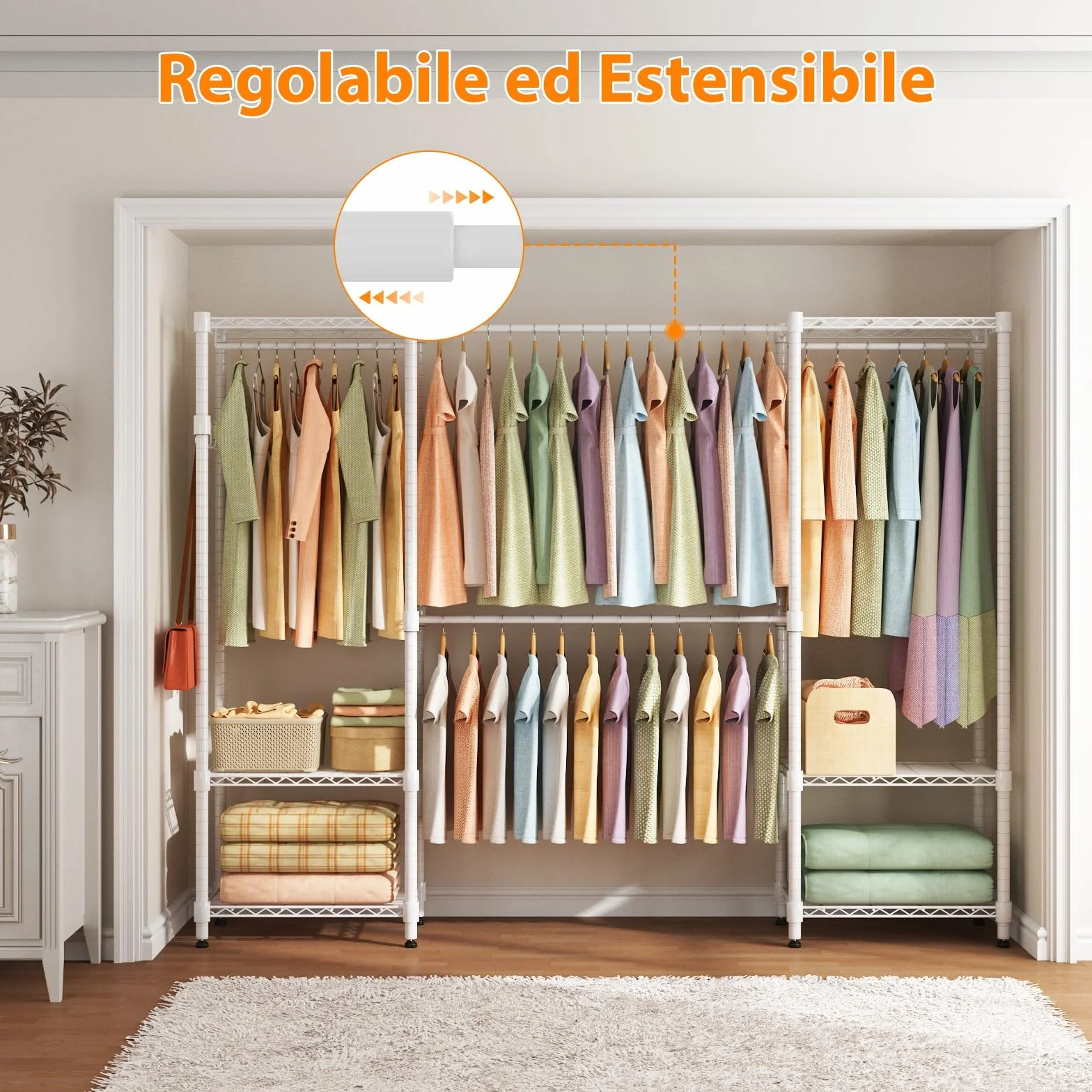 Himimi Appendiabiti telescopico 4 aste 6 ripiani metallo 1 gancio regolabile 175-230 x 180 cm bianco